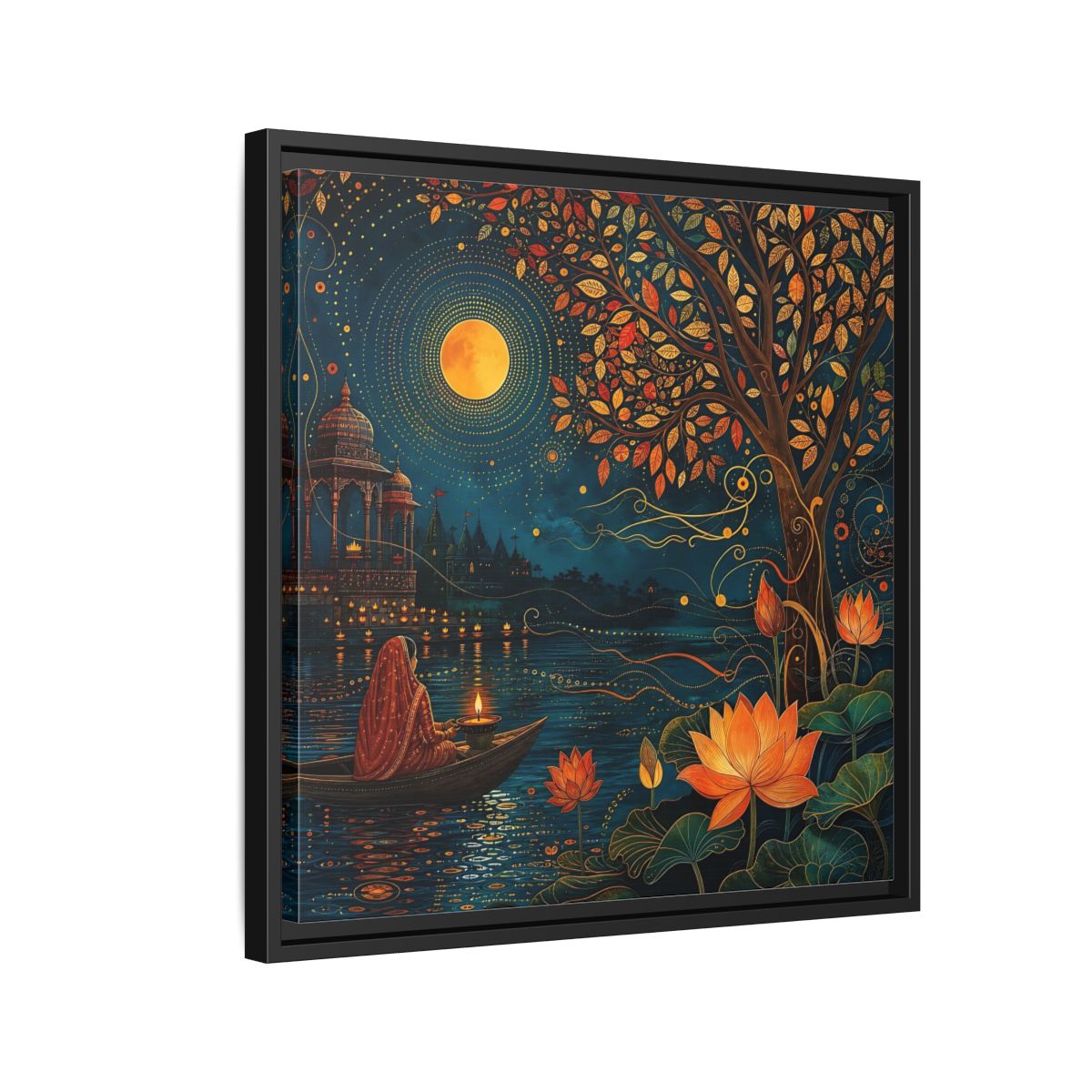 Side Mockup 12. Religious River Puja Indian Night Scene shown as stretched canvas wall art