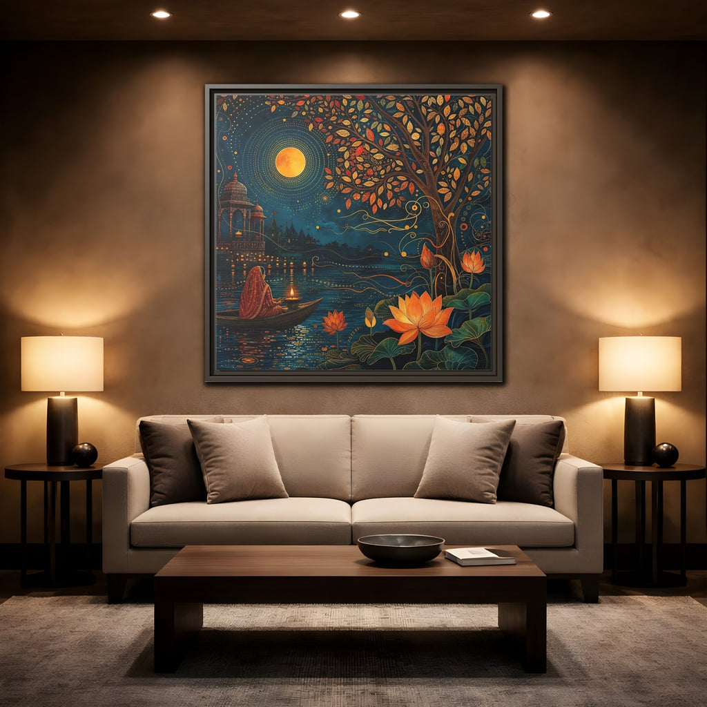 Mockup 2. Religious River Puja Indian Night Scene shown as stretched canvas wall art