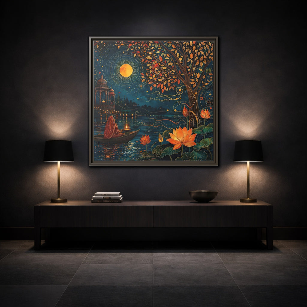 Mockup 3. Religious River Puja Indian Night Scene shown as stretched canvas wall art
