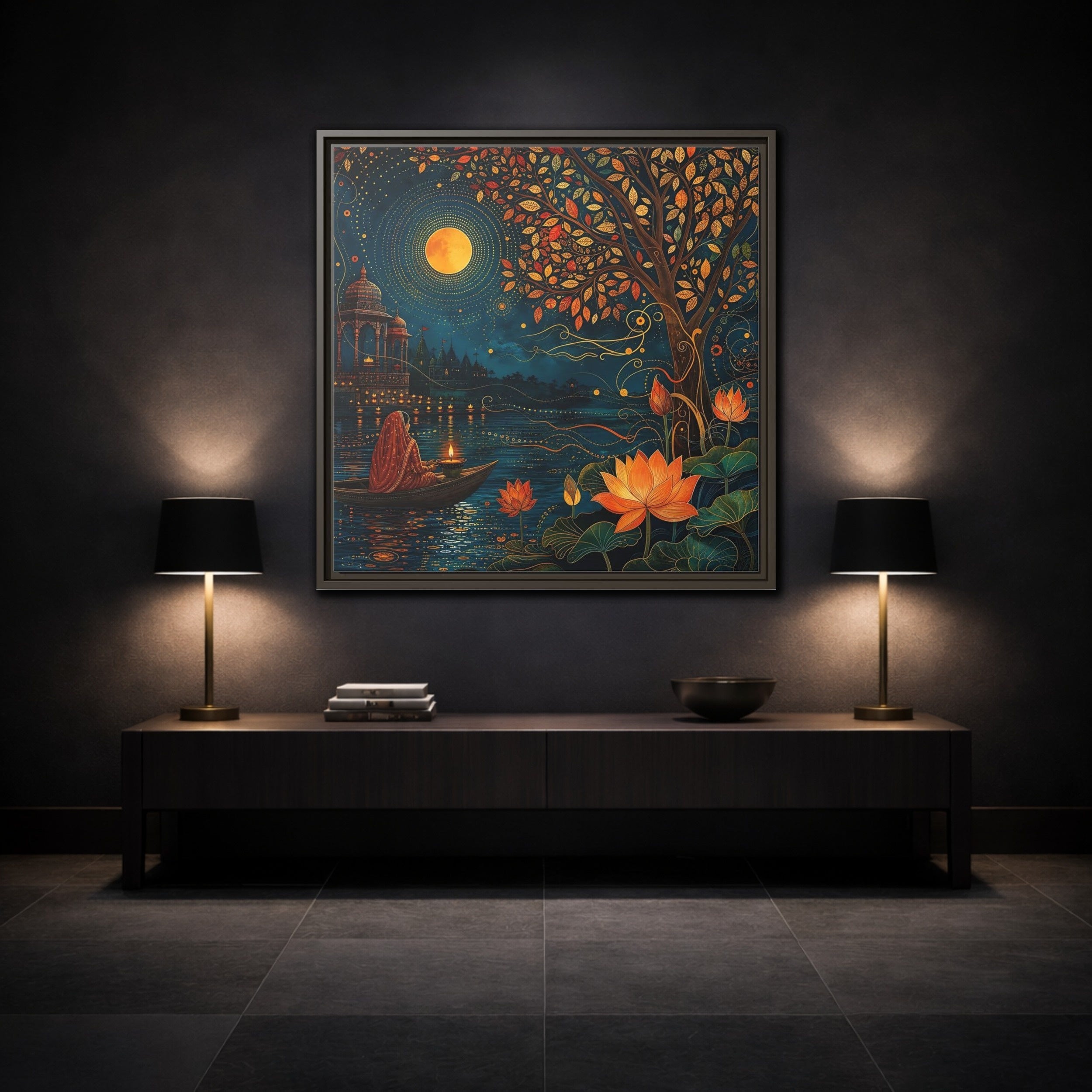 Mockup 3. Religious River Puja Indian Night Scene shown as stretched canvas wall art
