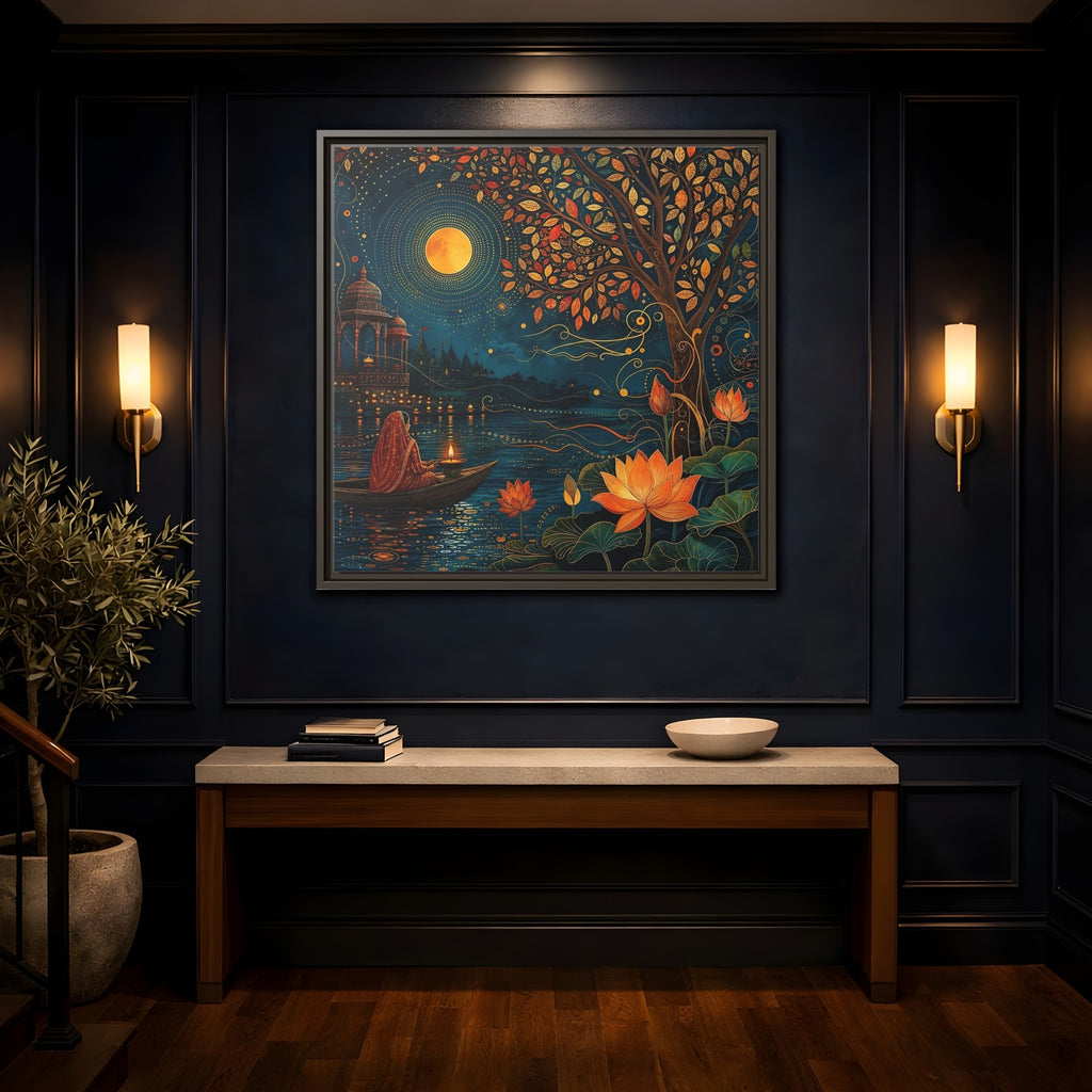Mockup 4. Religious River Puja Indian Night Scene shown as stretched canvas wall art