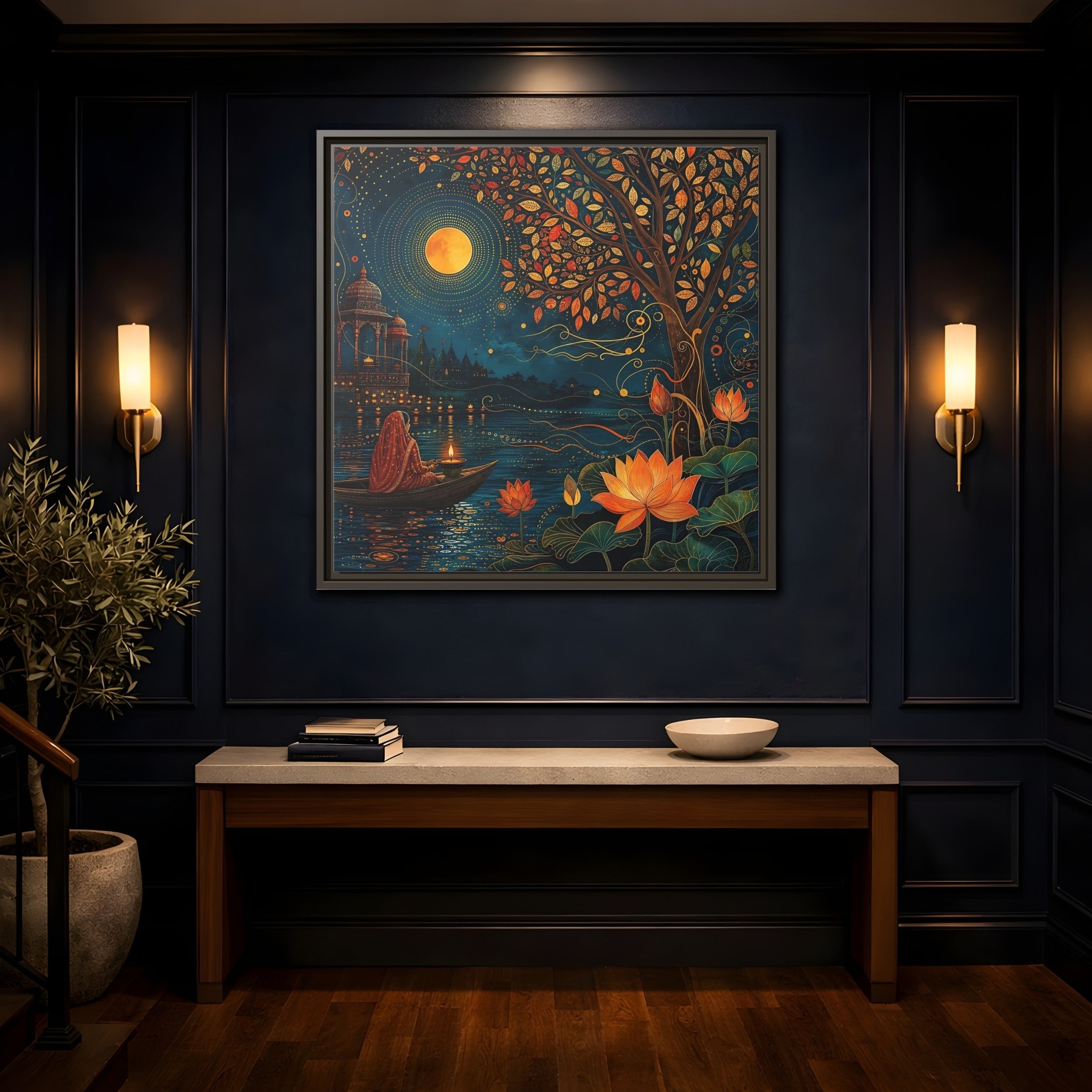 Mockup 4. Religious River Puja Indian Night Scene shown as stretched canvas wall art