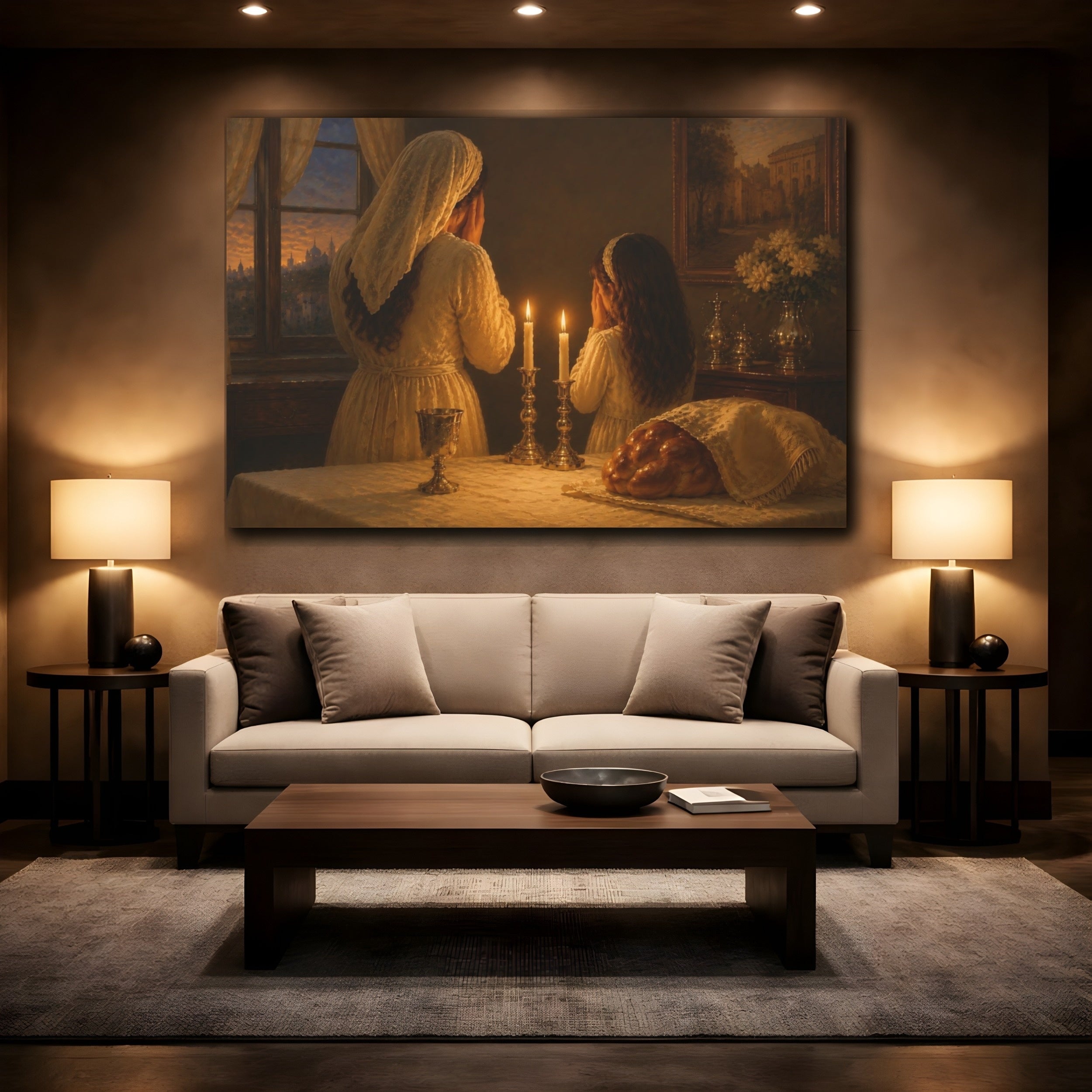 Mockup 2. Religious Shabbat Prayer Warm Prayer Scene shown as stretched canvas wall art