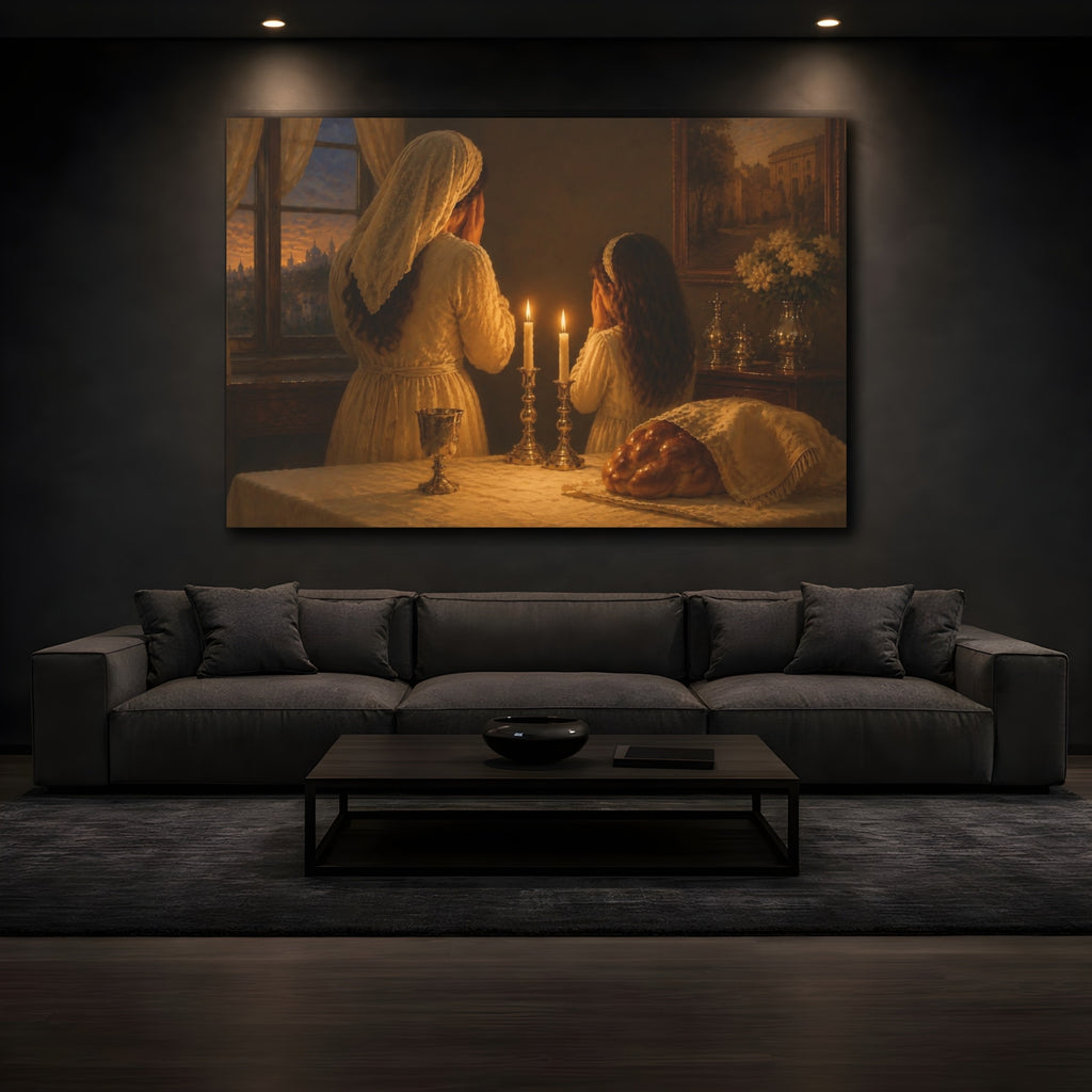 Mockup 3. Religious Shabbat Prayer Warm Prayer Scene shown as stretched canvas wall art