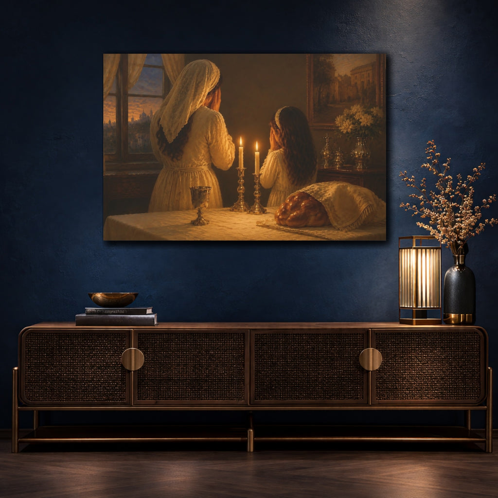 Mockup 4. Religious Shabbat Prayer Warm Prayer Scene shown as stretched canvas wall art