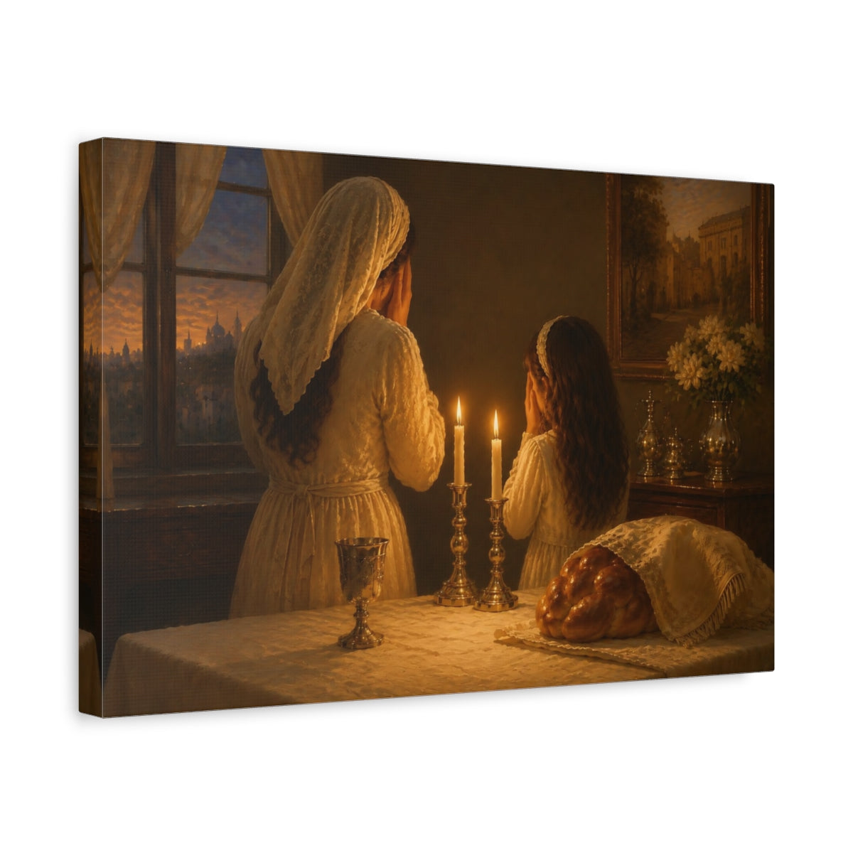 Side Mockup 4. Religious Shabbat Prayer Warm Prayer Scene shown as stretched canvas wall art