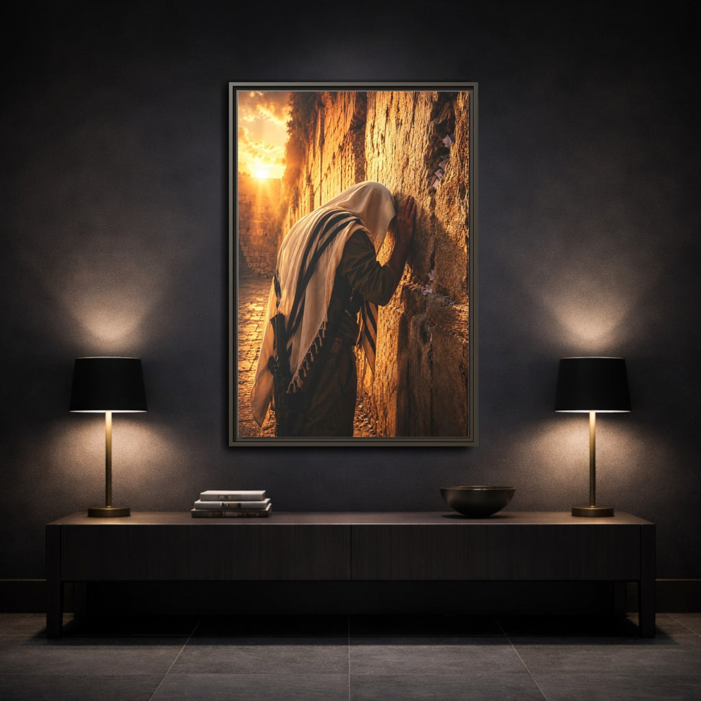 Mockup 3. Religious Worshipper Golden Prayer shown as stretched canvas wall art