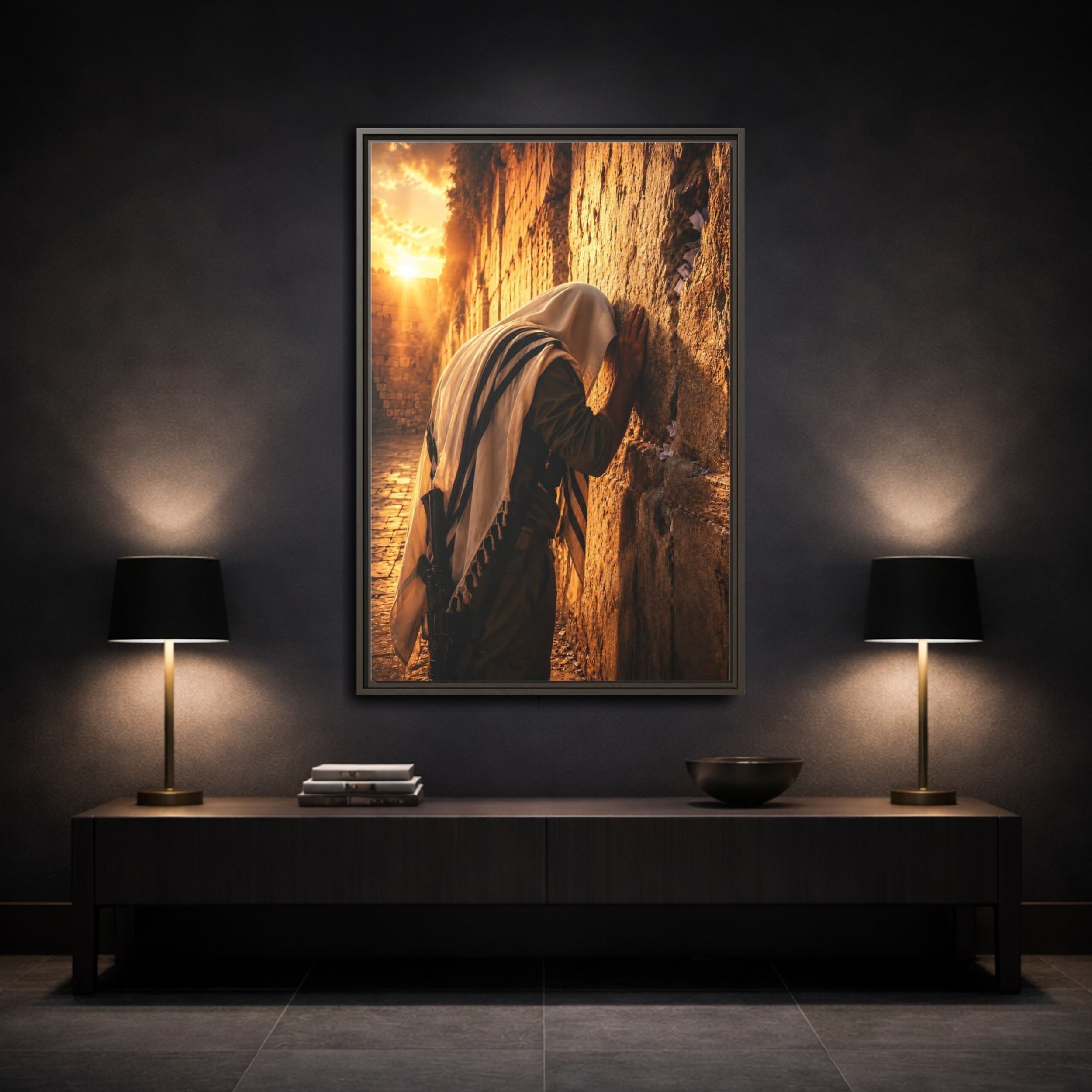 Mockup 3. Religious Worshipper Golden Prayer shown as stretched canvas wall art