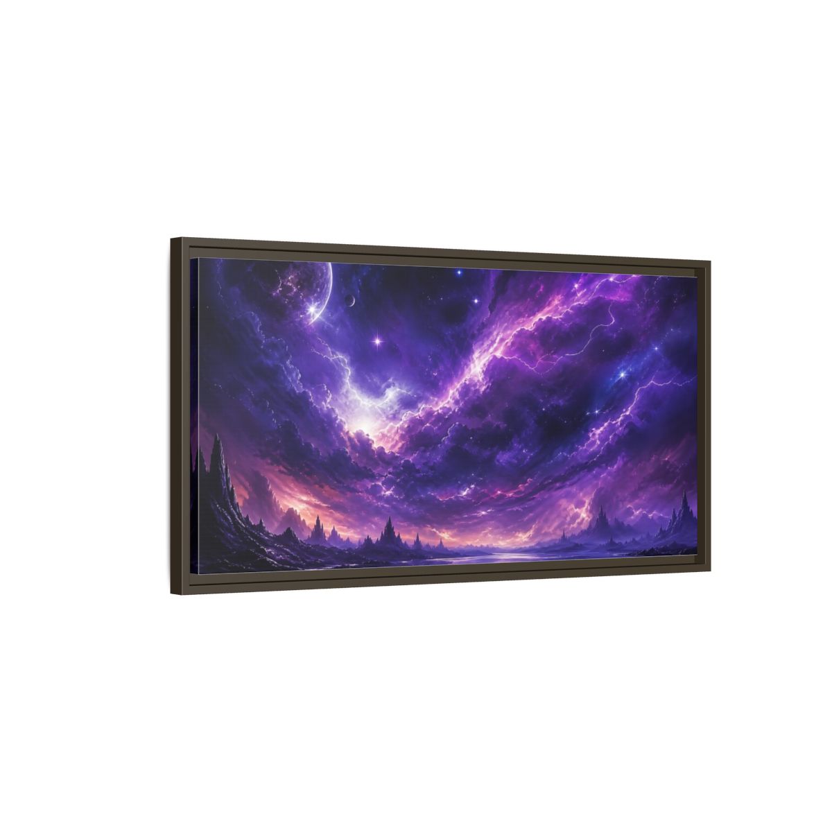 Main Mockup. Science Fiction Cosmic Landscape Purple Nebula shown as stretched canvas wall art