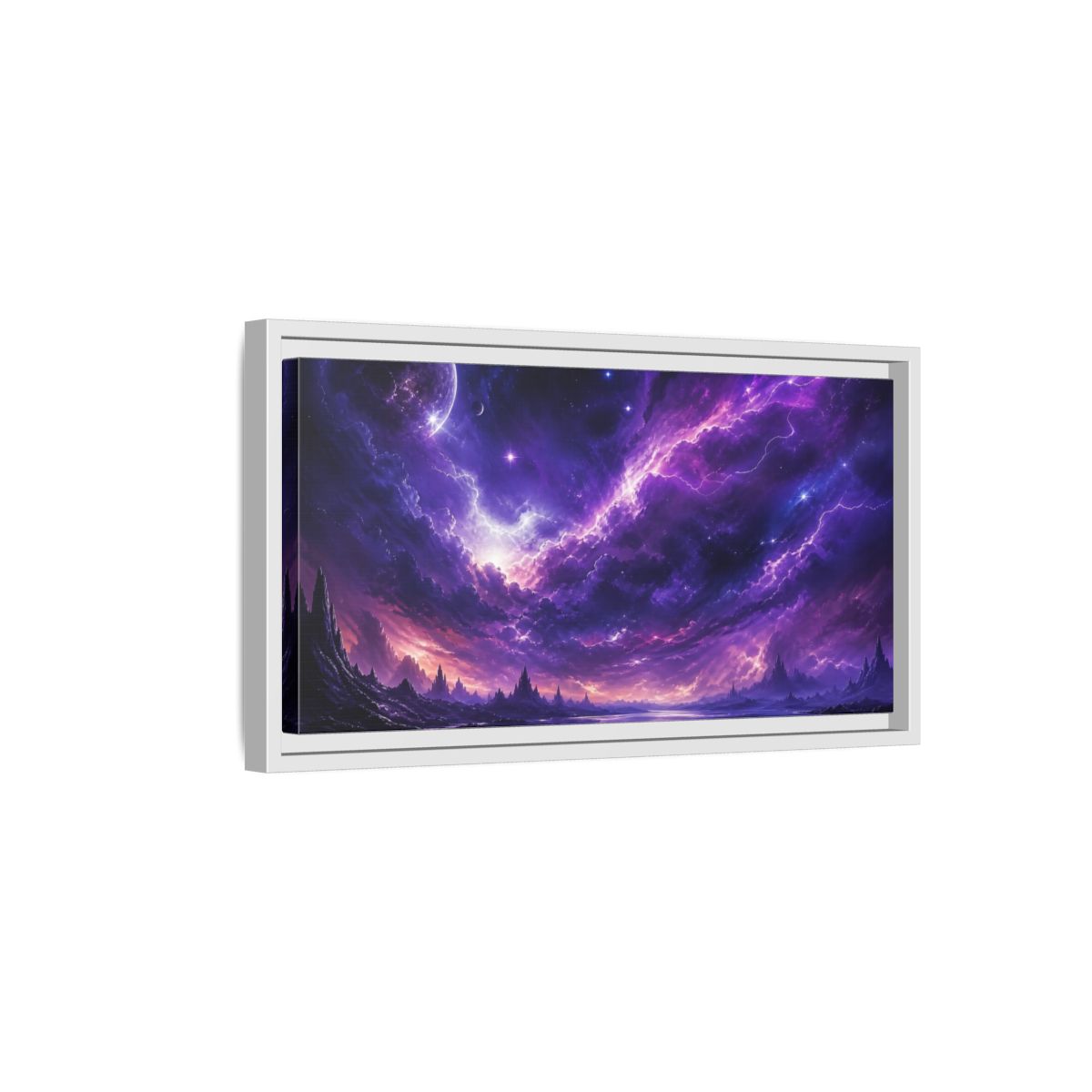 Side Mockup 6. Science Fiction Cosmic Landscape Purple Nebula shown as stretched canvas wall art