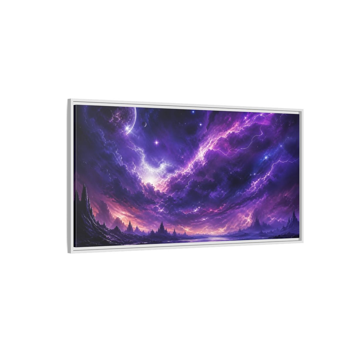 Side Mockup 3. Science Fiction Cosmic Landscape Purple Nebula shown as stretched canvas wall art