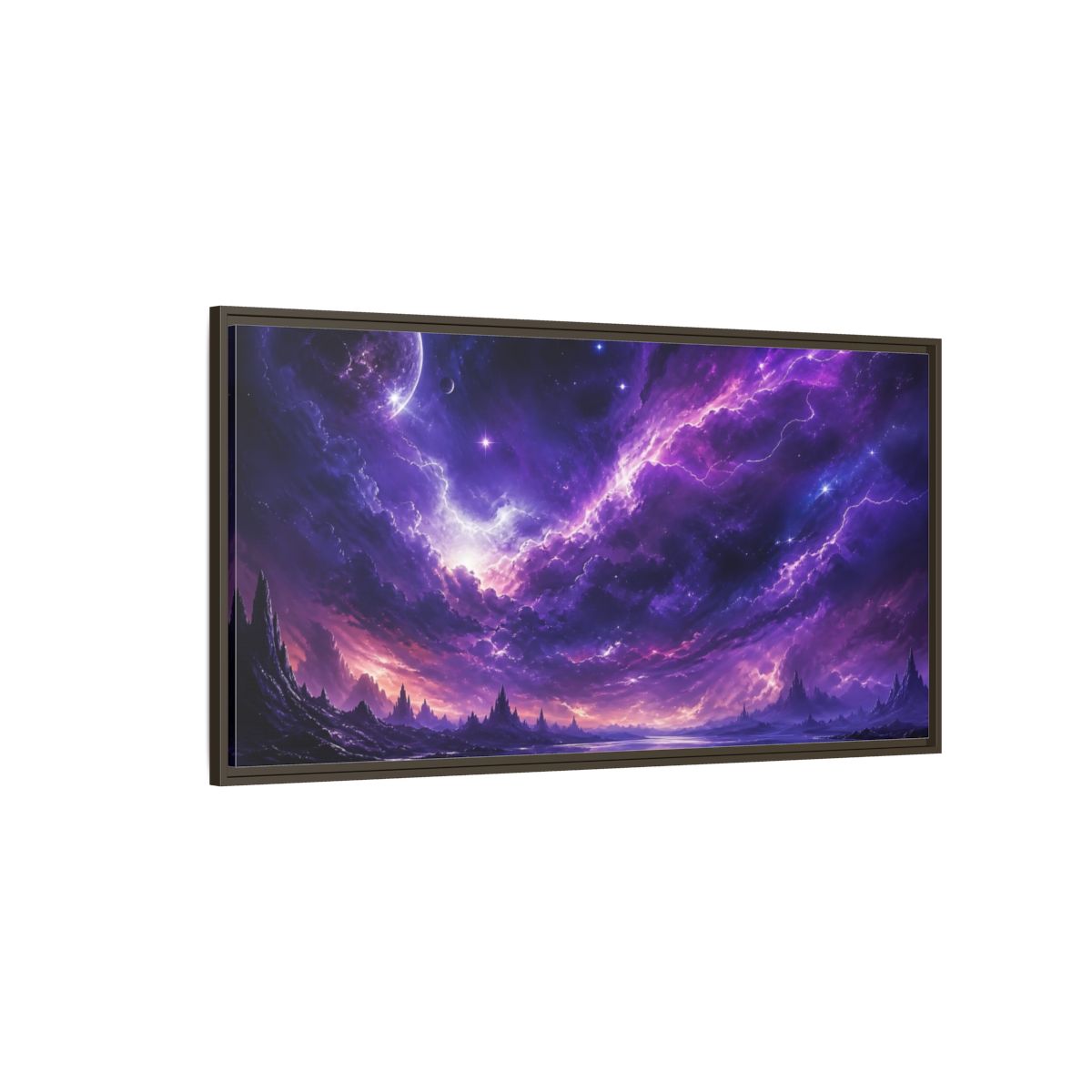 Side Mockup 4. Science Fiction Cosmic Landscape Purple Nebula shown as stretched canvas wall art