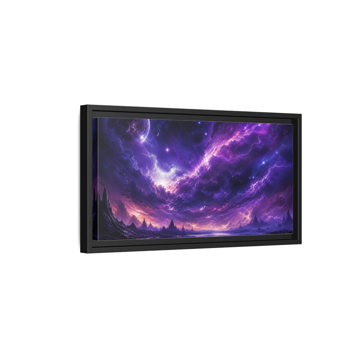 Side Mockup 8. Science Fiction Cosmic Landscape Purple Nebula shown as stretched canvas wall art