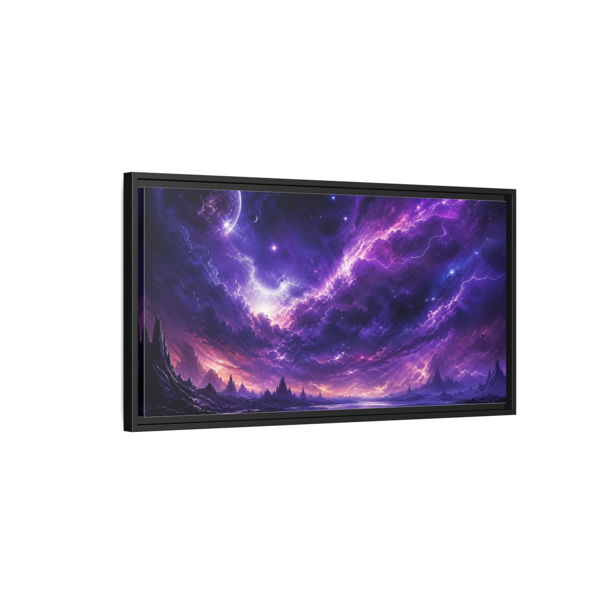 Side Mockup 2. Science Fiction Cosmic Landscape Purple Nebula shown as stretched canvas wall art