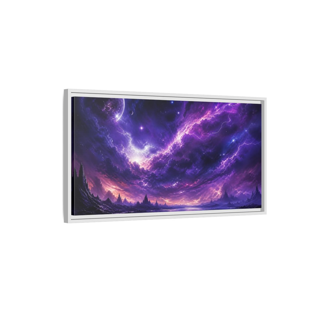 Side Mockup 1. Science Fiction Cosmic Landscape Purple Nebula shown as stretched canvas wall art