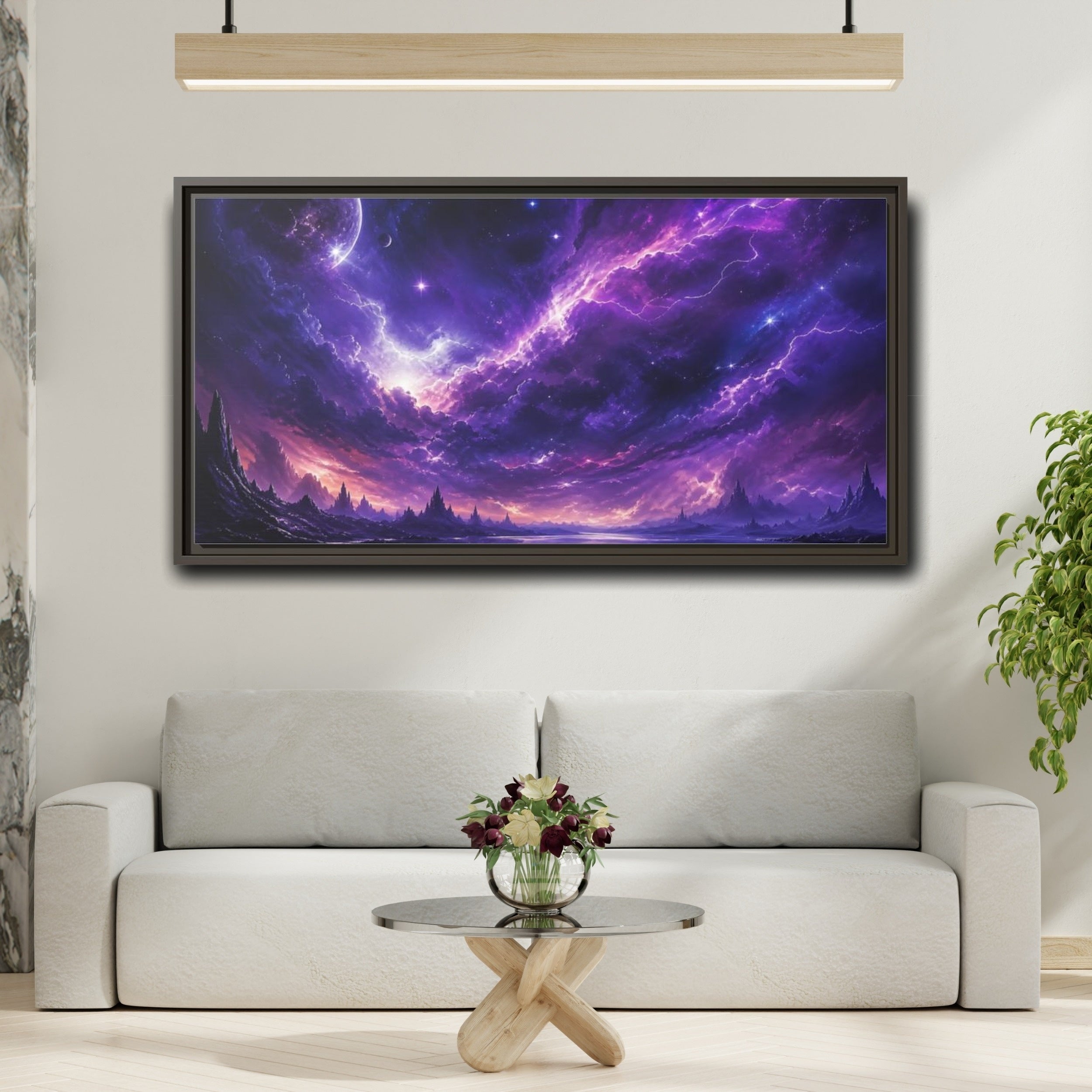 Mockup 2. Science Fiction Cosmic Landscape Purple Nebula shown as stretched canvas wall art