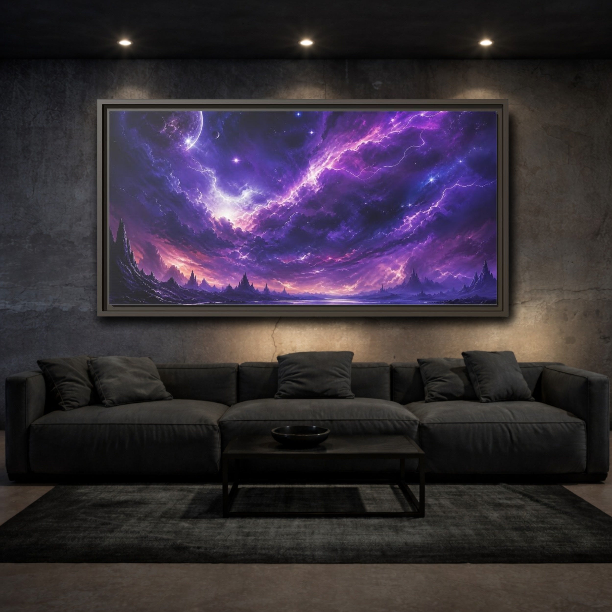 Mockup 3. Science Fiction Cosmic Landscape Purple Nebula shown as stretched canvas wall art