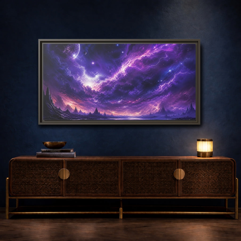 Mockup 4. Science Fiction Cosmic Landscape Purple Nebula shown as stretched canvas wall art