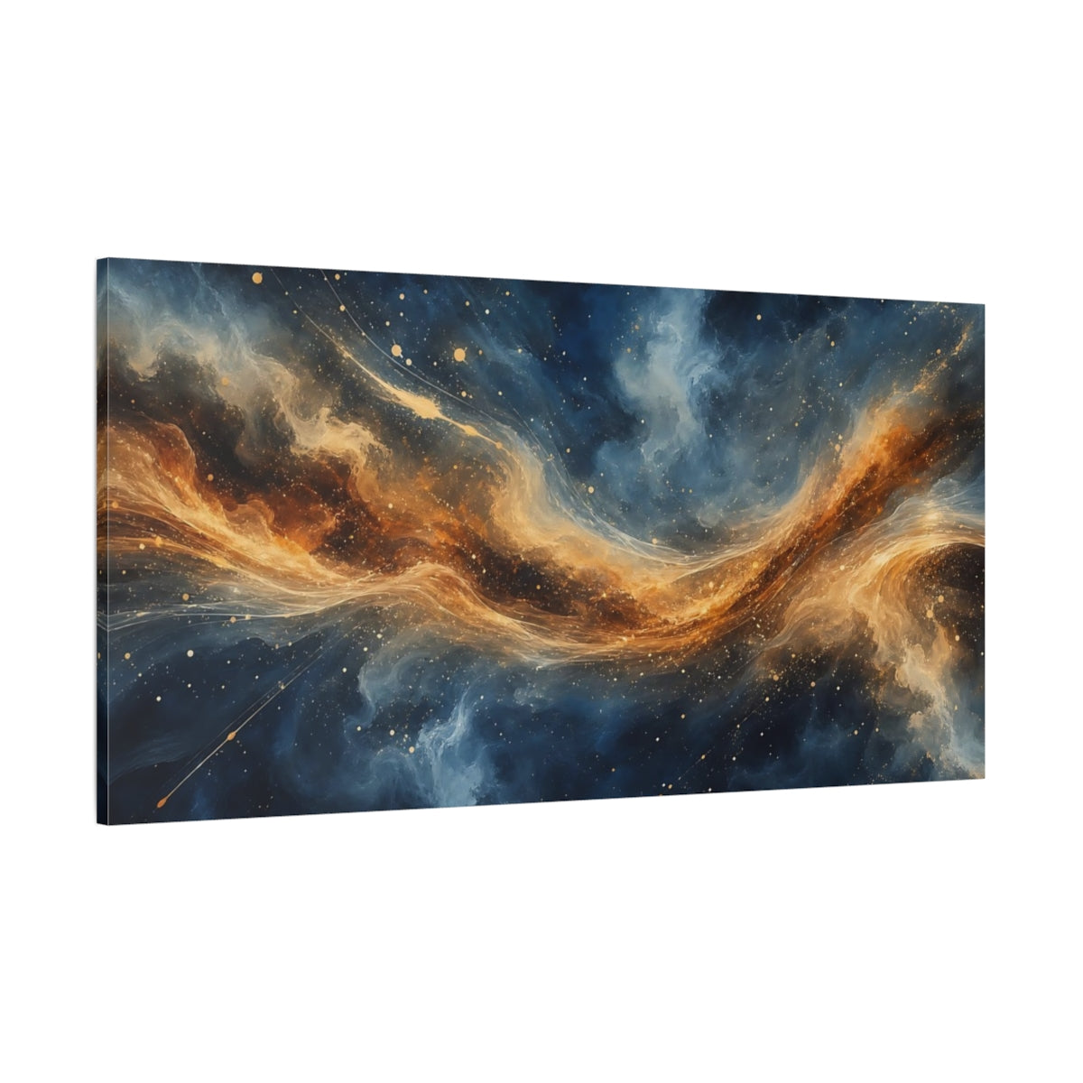 Side Mockup 2. Science Fiction Cosmic Nebula Blue And Gold Nebula shown as stretched canvas wall art