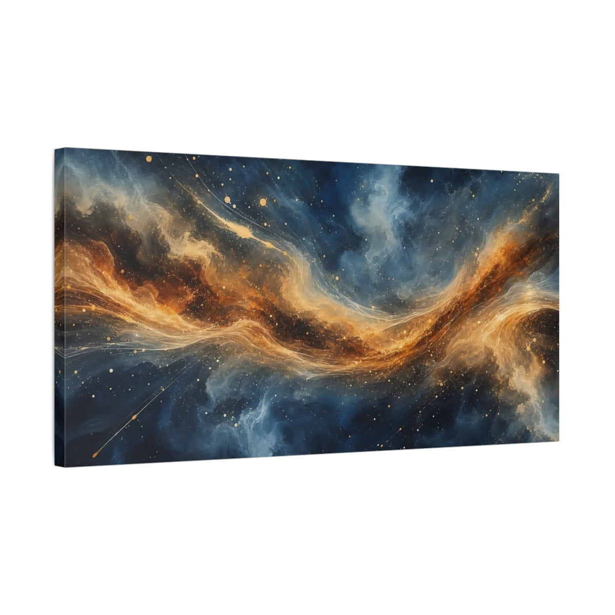 Side Mockup 1. Science Fiction Cosmic Nebula Blue And Gold Nebula shown as stretched canvas wall art