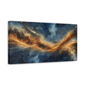 Side Mockup 3. Science Fiction Cosmic Nebula Blue And Gold Nebula shown as stretched canvas wall art