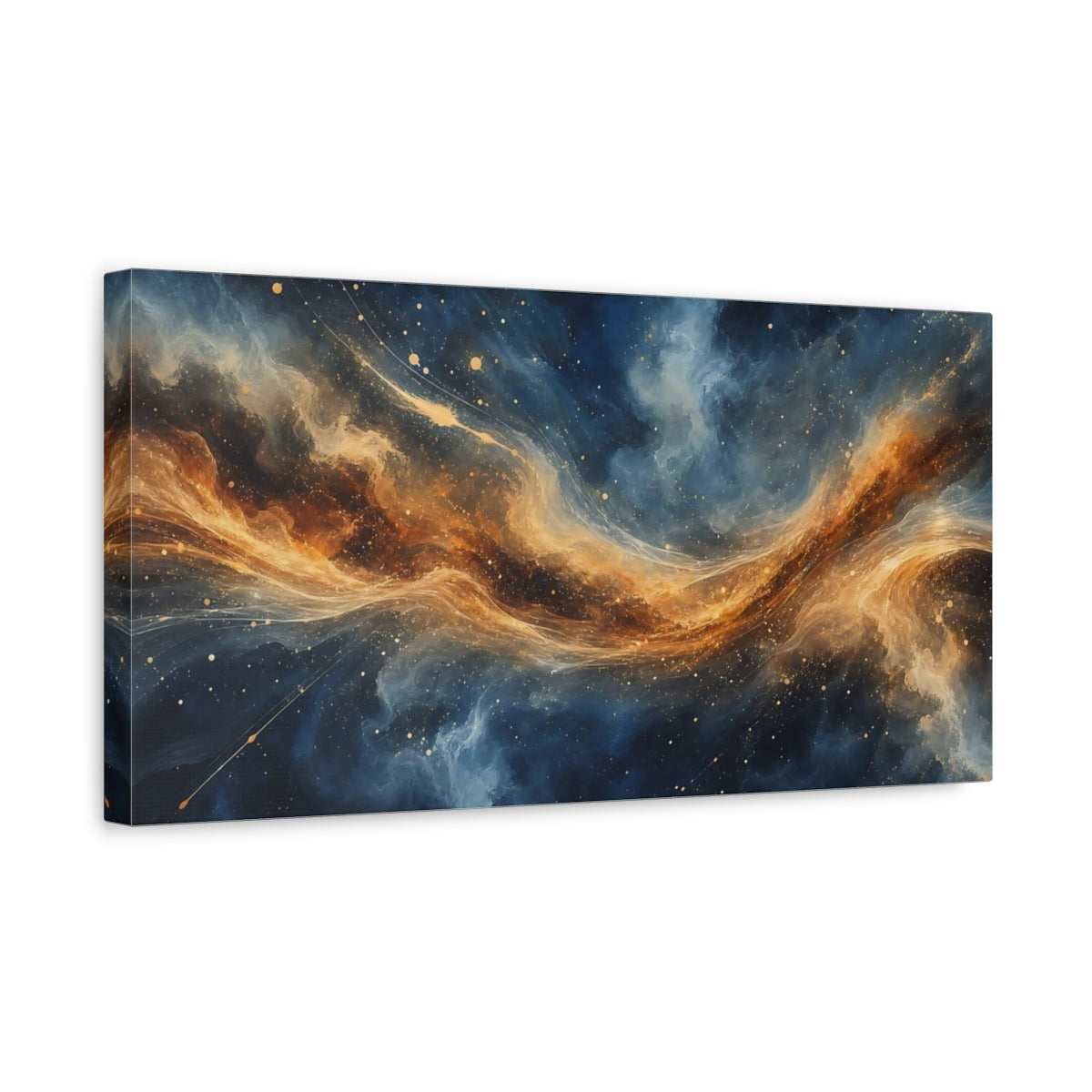 Side Mockup 3. Science Fiction Cosmic Nebula Blue And Gold Nebula shown as stretched canvas wall art
