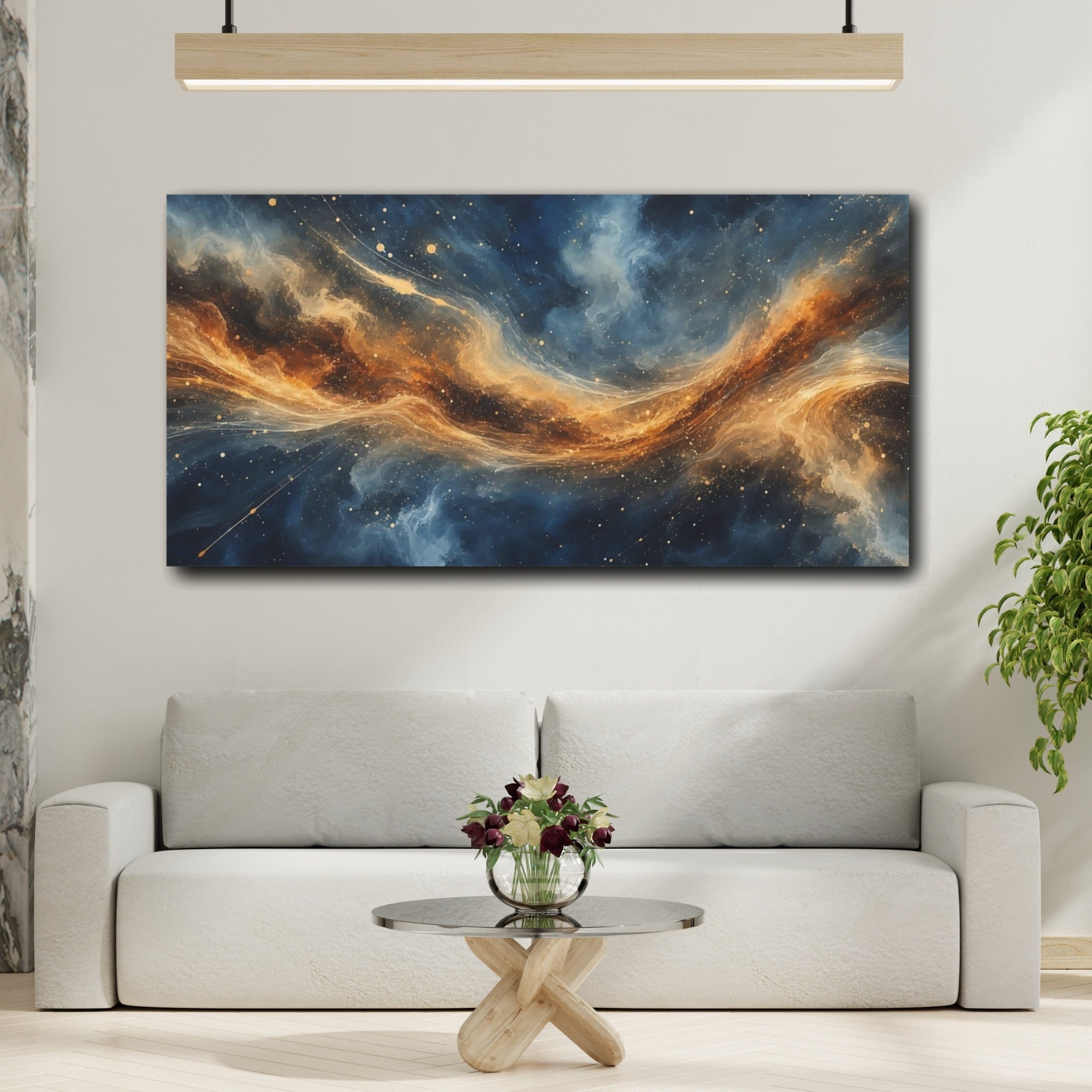 Mockup 2. Science Fiction Cosmic Nebula Blue And Gold Nebula shown as stretched canvas wall art