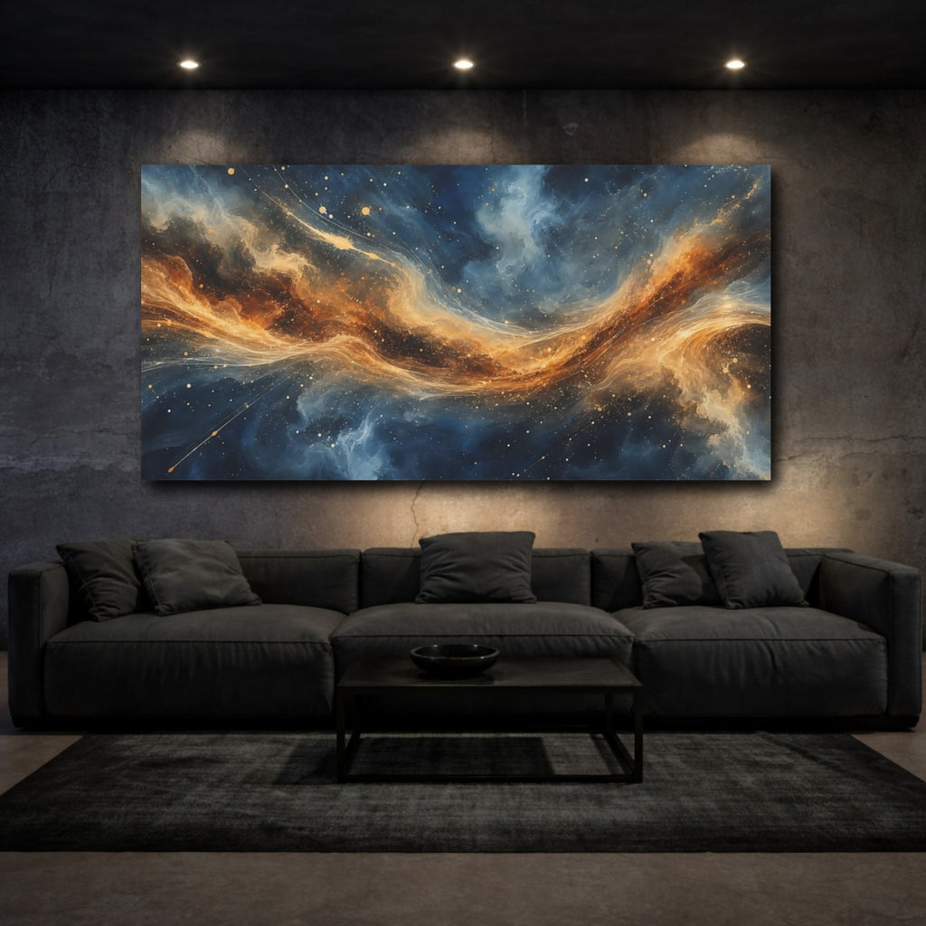 Mockup 3. Science Fiction Cosmic Nebula Blue And Gold Nebula shown as stretched canvas wall art