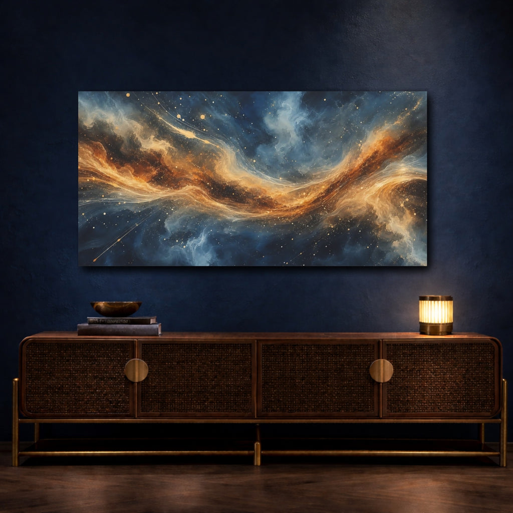 Mockup 4. Science Fiction Cosmic Nebula Blue And Gold Nebula shown as stretched canvas wall art