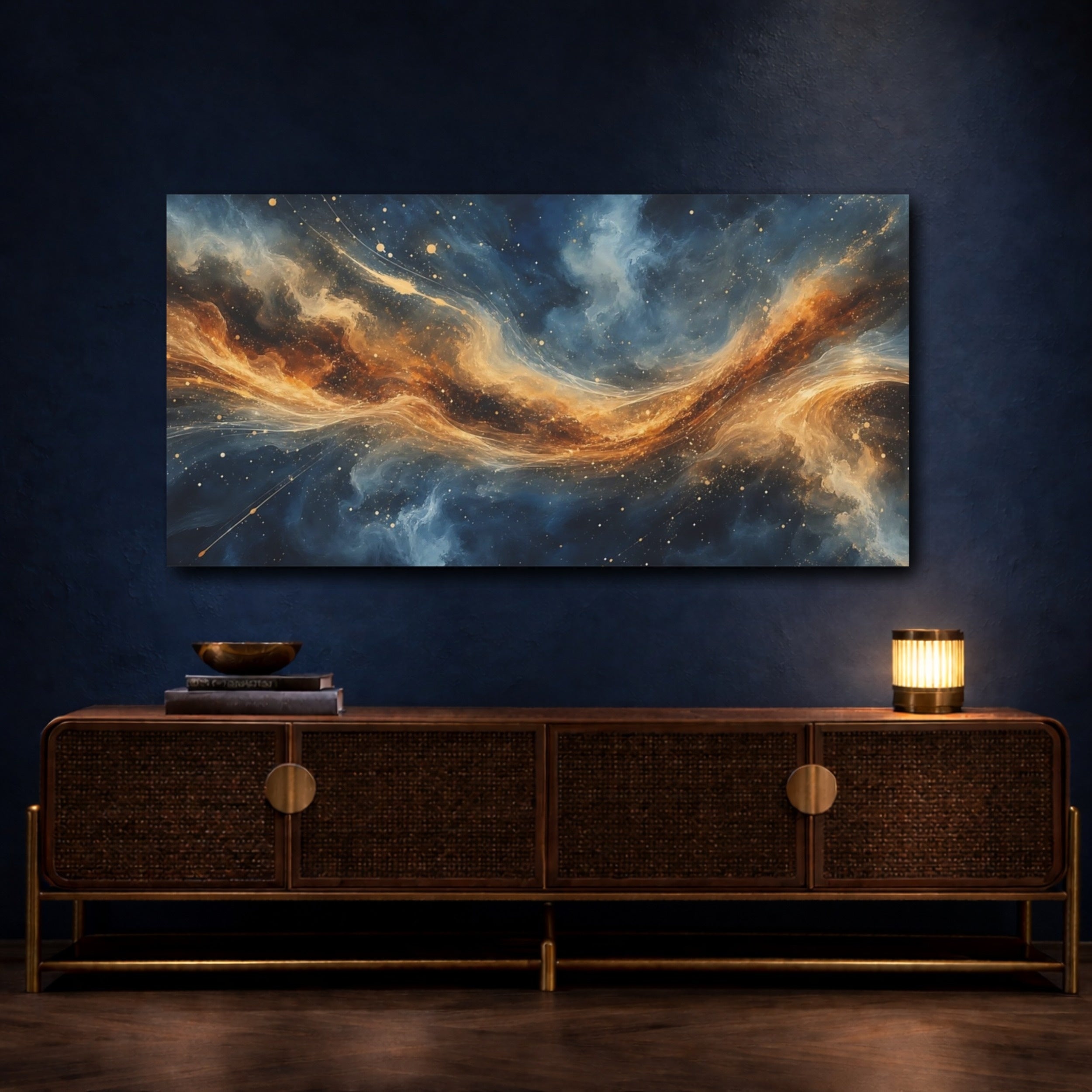 Mockup 4. Science Fiction Cosmic Nebula Blue And Gold Nebula shown as stretched canvas wall art