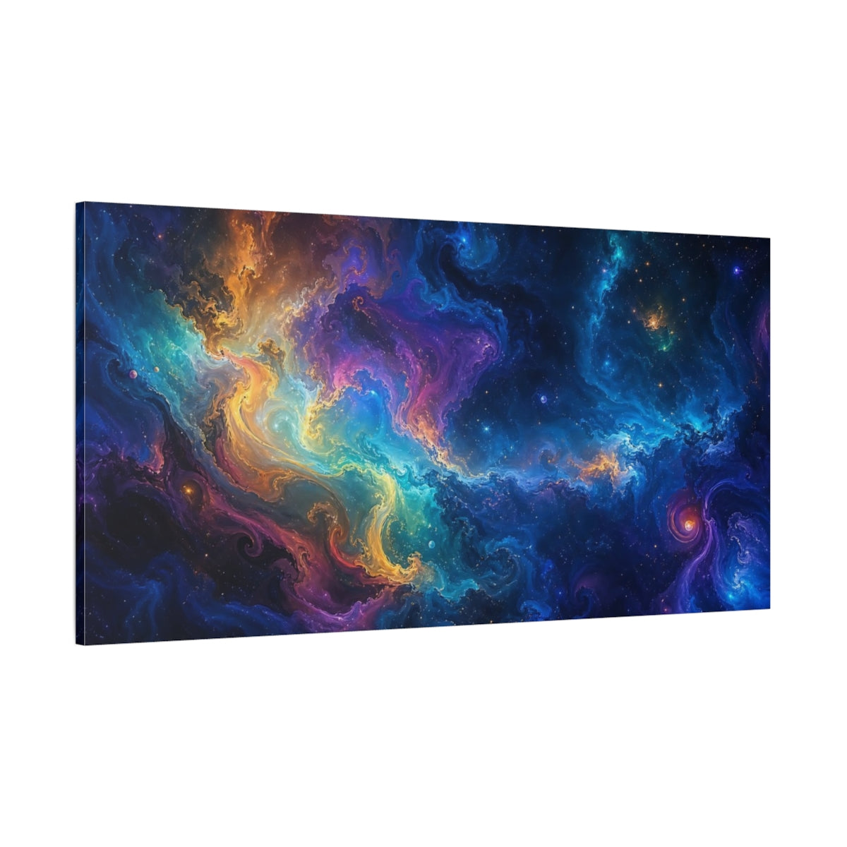 Side Mockup 2. Science Fiction Cosmic Nebula Vibrant Cosmic shown as stretched canvas wall art