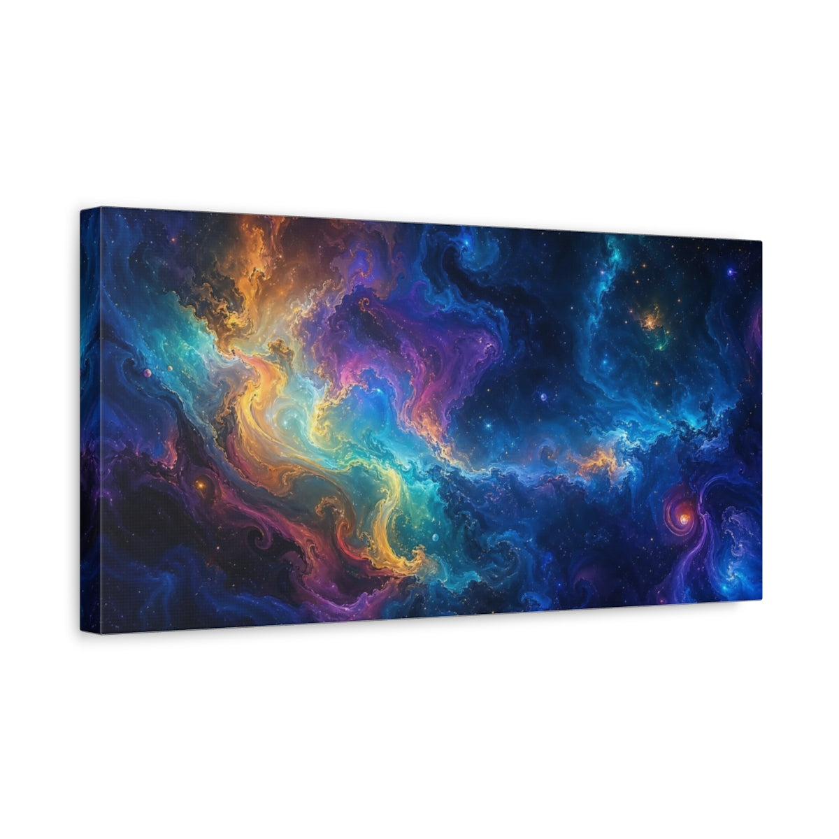 Side Mockup 3. Science Fiction Cosmic Nebula Vibrant Cosmic shown as stretched canvas wall art