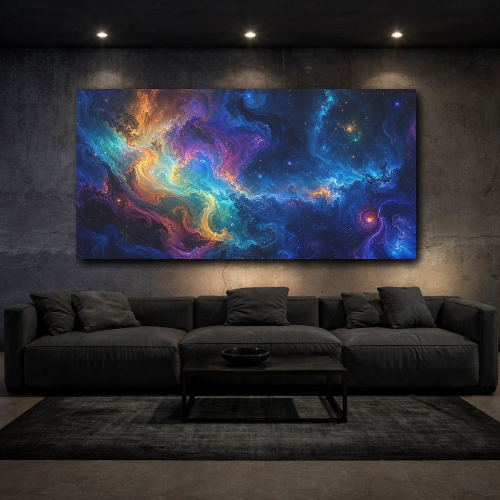 Mockup 3. Science Fiction Cosmic Nebula Vibrant Cosmic shown as stretched canvas wall art
