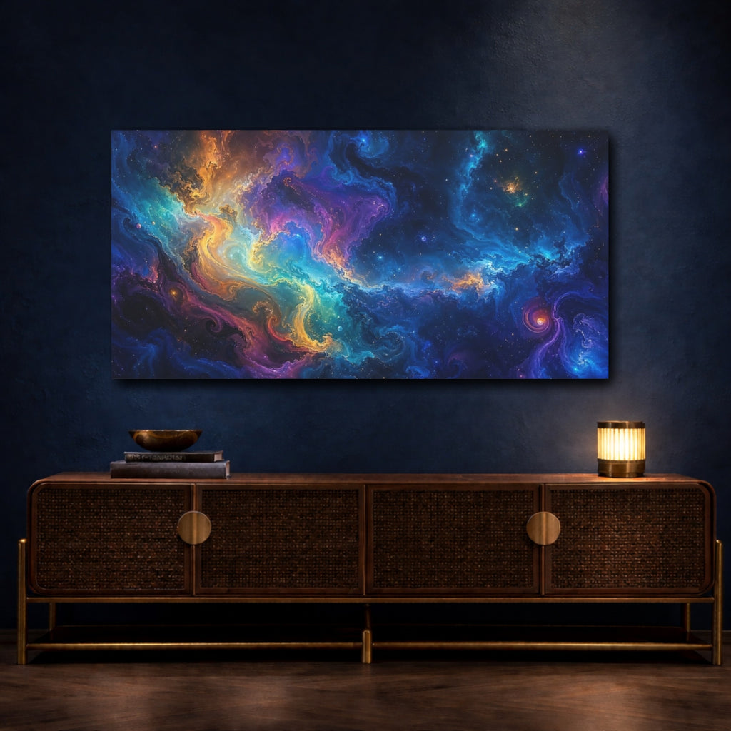 Mockup 4. Science Fiction Cosmic Nebula Vibrant Cosmic shown as stretched canvas wall art