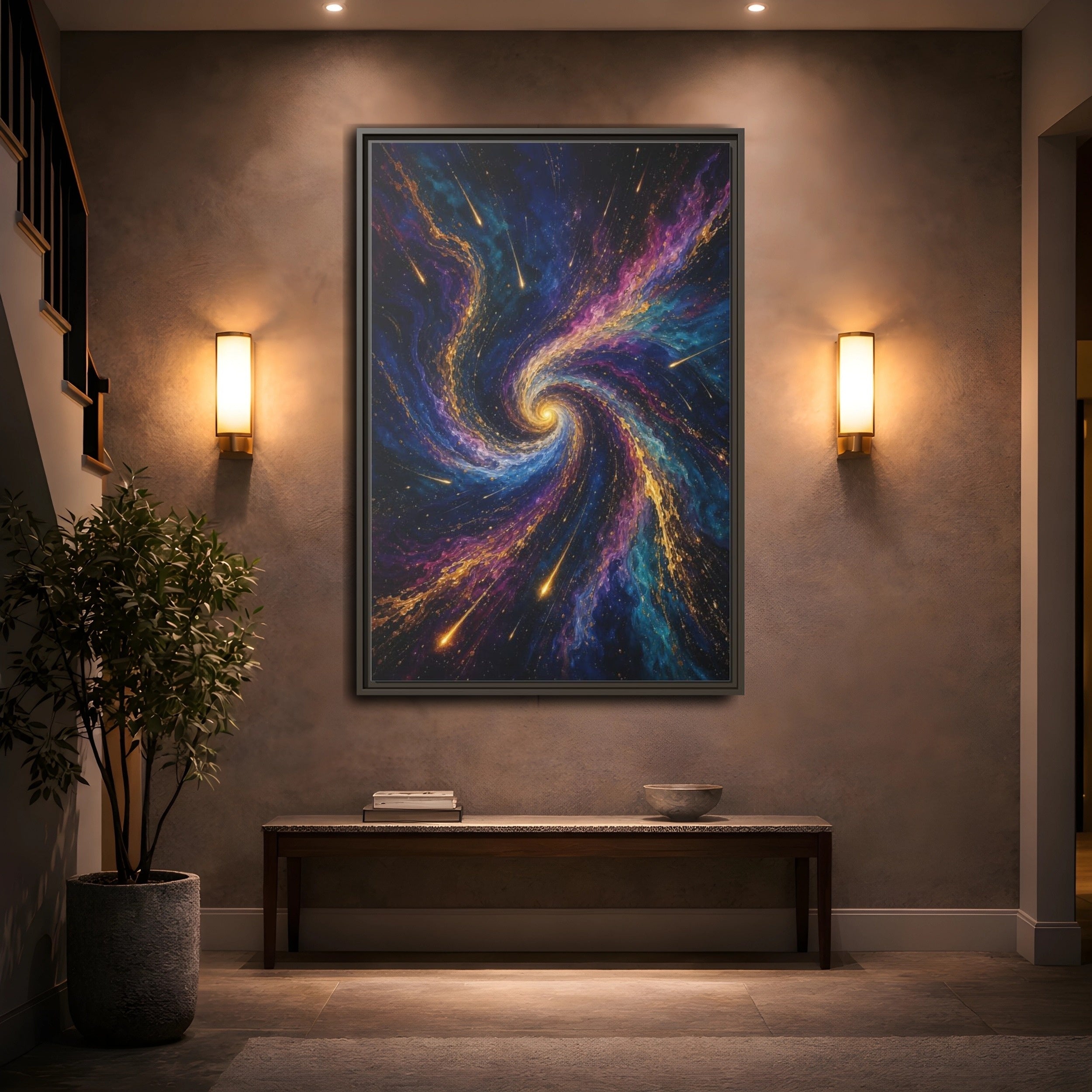 Mockup 2. Science Fiction Cosmic Swirl Vibrant Cosmic Swirl shown as stretched canvas wall art