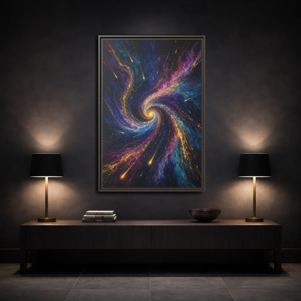 Mockup 3. Science Fiction Cosmic Swirl Vibrant Cosmic Swirl shown as stretched canvas wall art