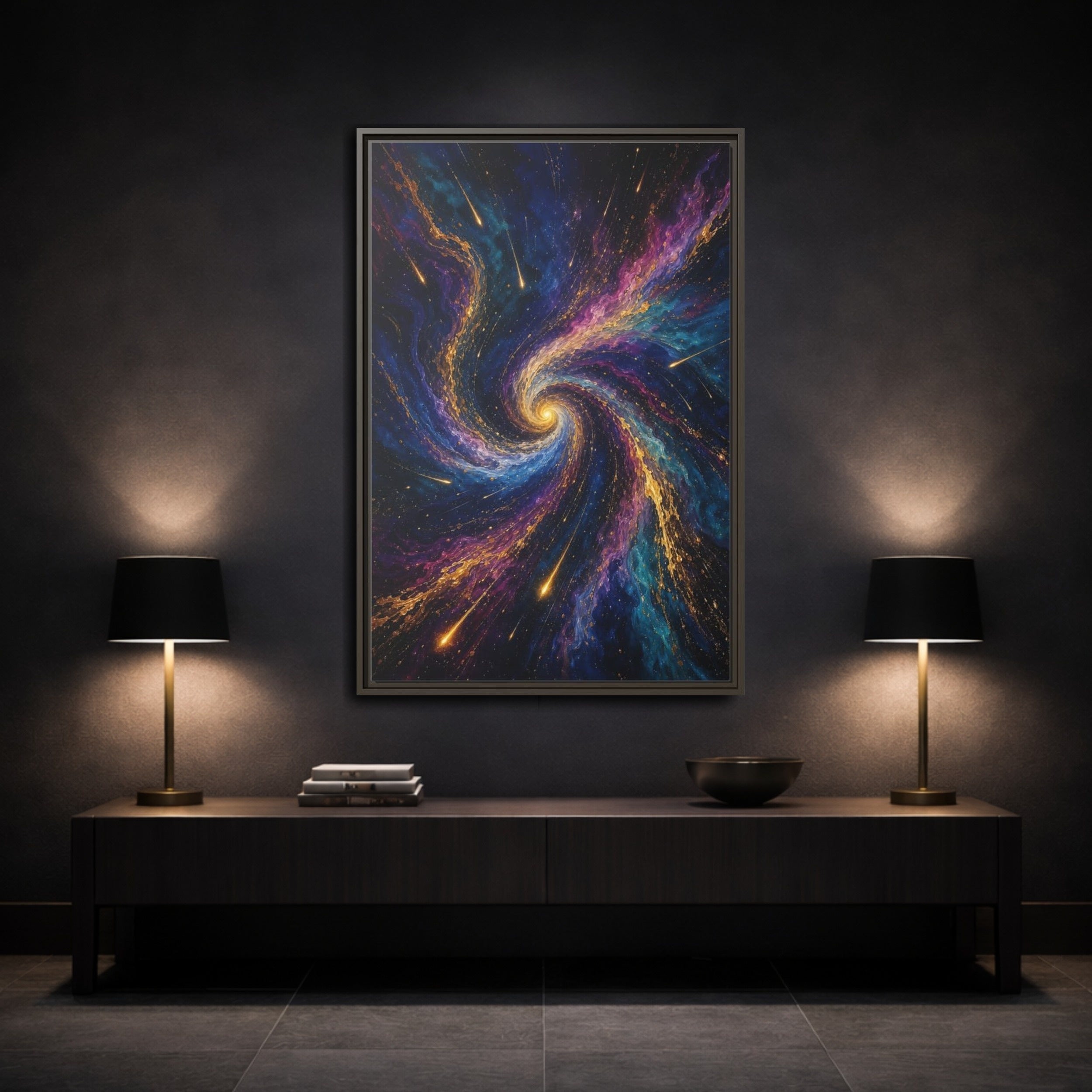 Mockup 3. Science Fiction Cosmic Swirl Vibrant Cosmic Swirl shown as stretched canvas wall art