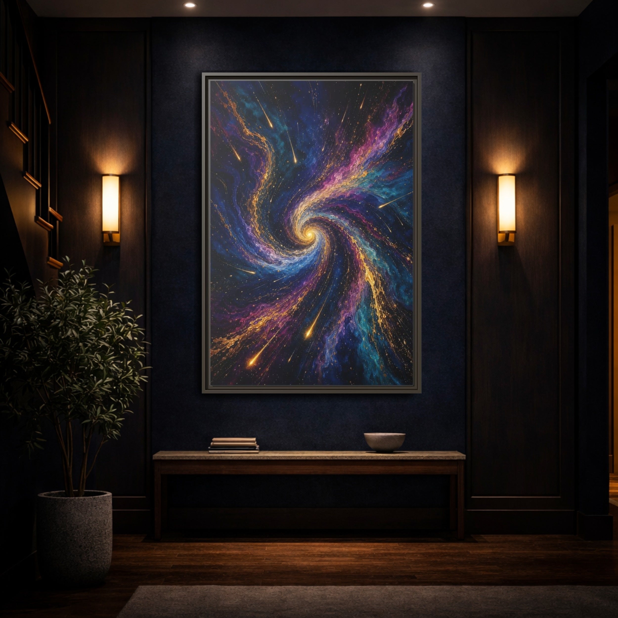 Mockup 4. Science Fiction Cosmic Swirl Vibrant Cosmic Swirl shown as stretched canvas wall art