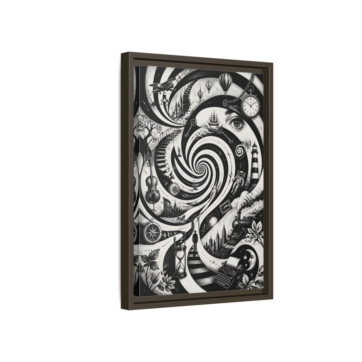 Side Mockup 5. Science Fiction Dream Journey Black And White Fantasy shown as stretched canvas wall art