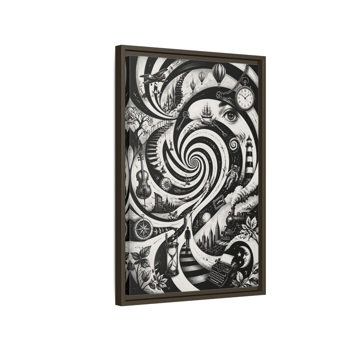 Side Mockup 2. Science Fiction Dream Journey Black And White Fantasy shown as stretched canvas wall art