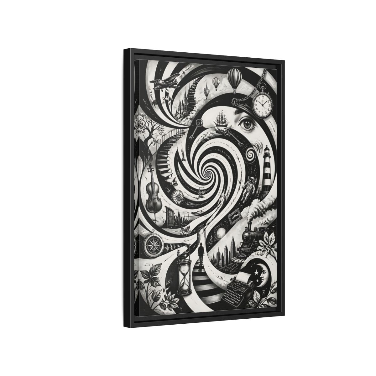 Side Mockup 3. Science Fiction Dream Journey Black And White Fantasy shown as stretched canvas wall art