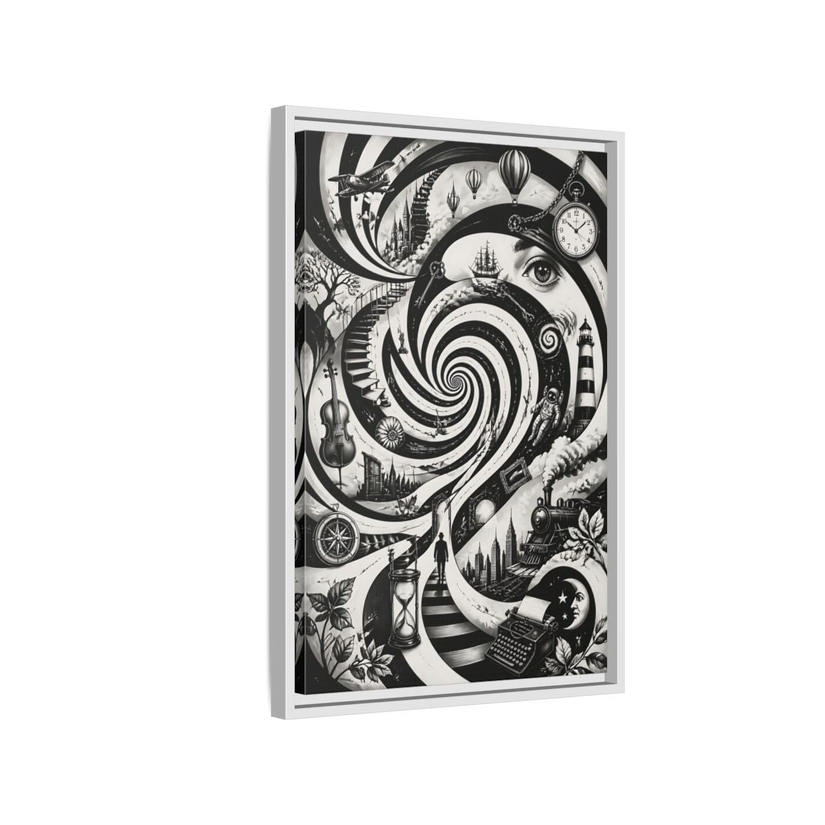 Side Mockup 1. Science Fiction Dream Journey Black And White Fantasy shown as stretched canvas wall art