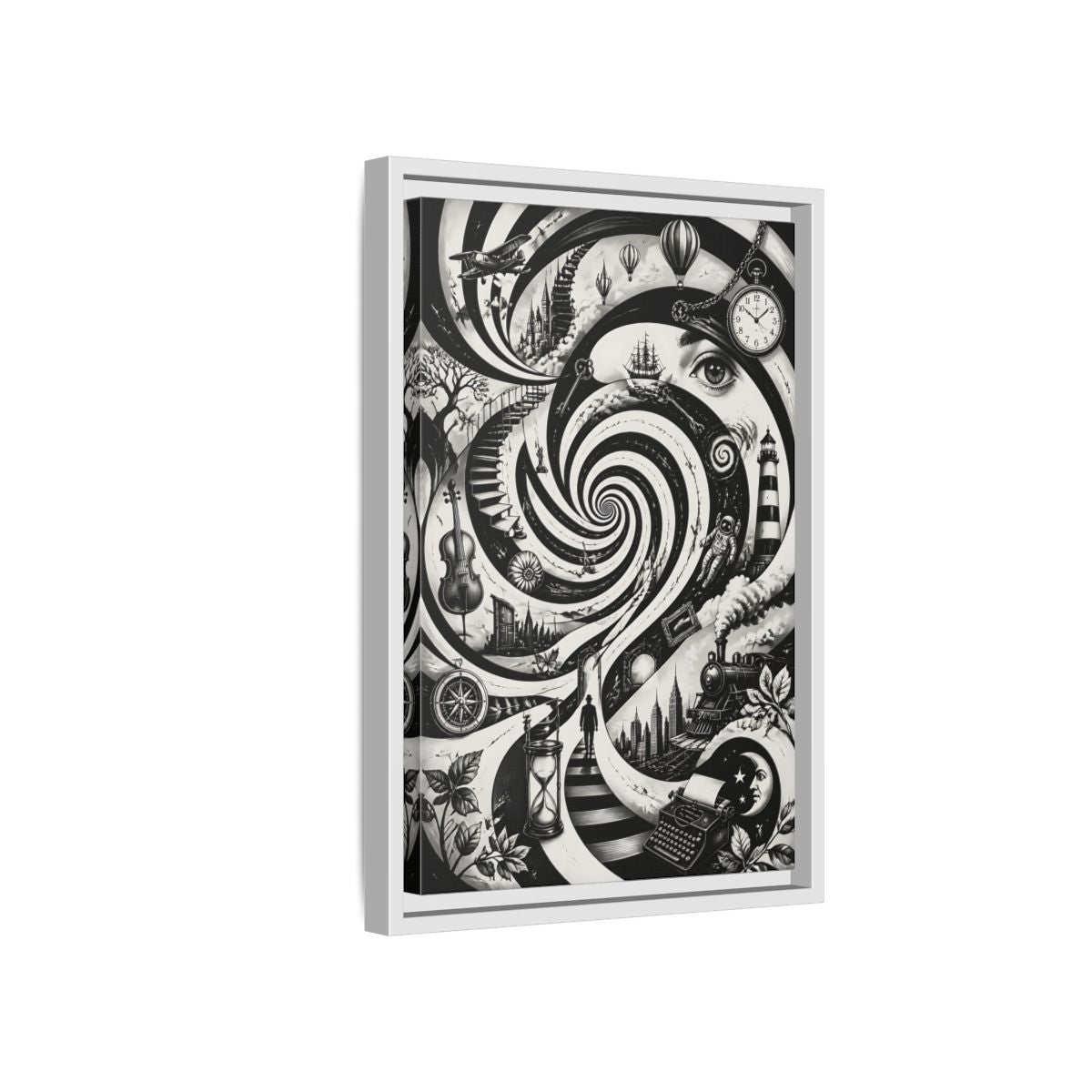 Side Mockup 4. Science Fiction Dream Journey Black And White Fantasy shown as stretched canvas wall art