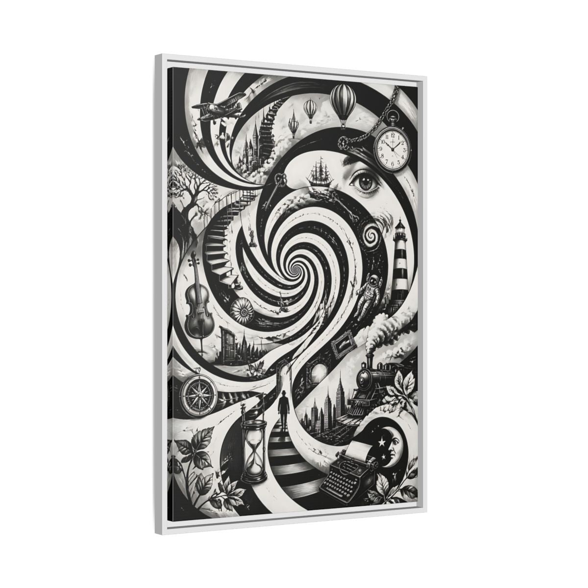 Side Mockup 9. Science Fiction Dream Journey Black And White Fantasy shown as stretched canvas wall art