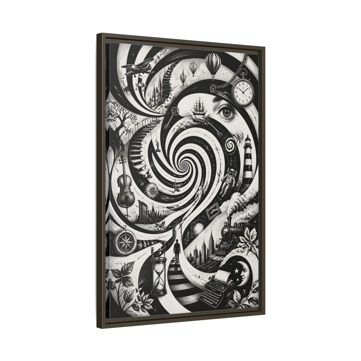 Side Mockup 11. Science Fiction Dream Journey Black And White Fantasy shown as stretched canvas wall art