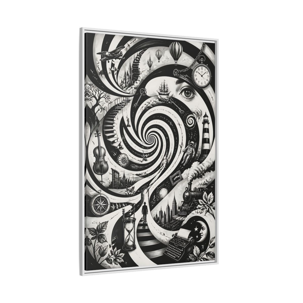Side Mockup 7. Science Fiction Dream Journey Black And White Fantasy shown as stretched canvas wall art