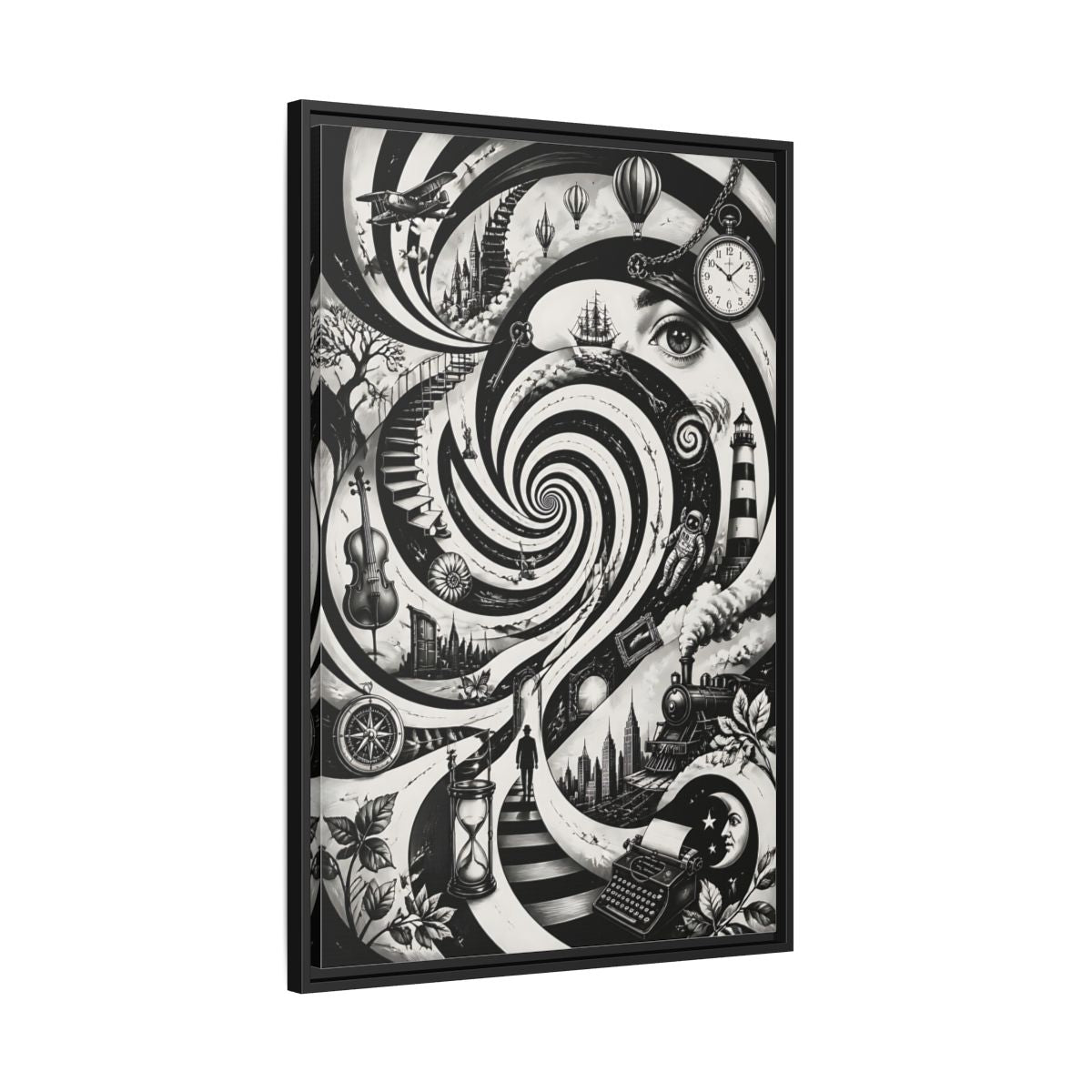 Side Mockup 13. Science Fiction Dream Journey Black And White Fantasy shown as stretched canvas wall art
