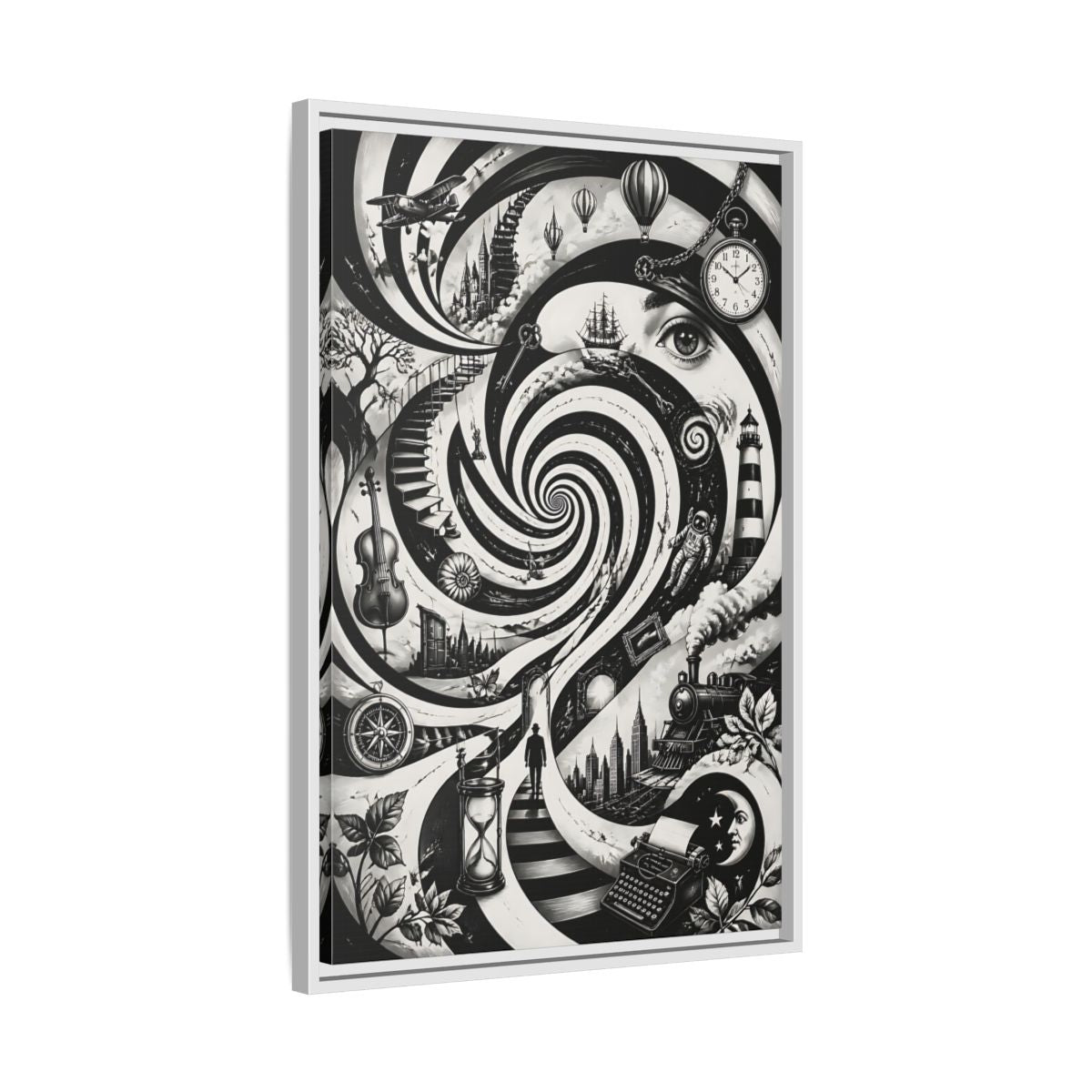 Side Mockup 10. Science Fiction Dream Journey Black And White Fantasy shown as stretched canvas wall art