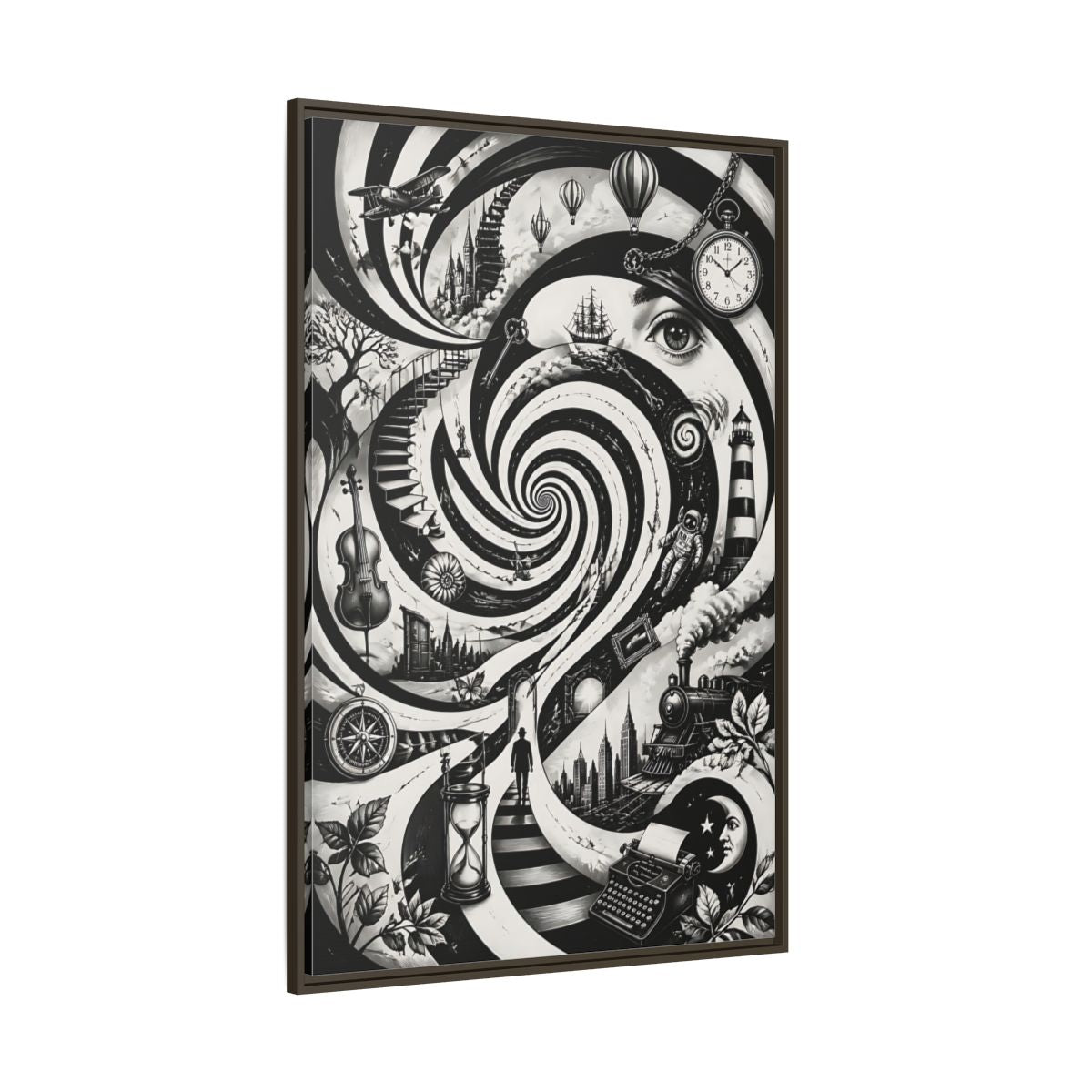 Side Mockup 8. Science Fiction Dream Journey Black And White Fantasy shown as stretched canvas wall art