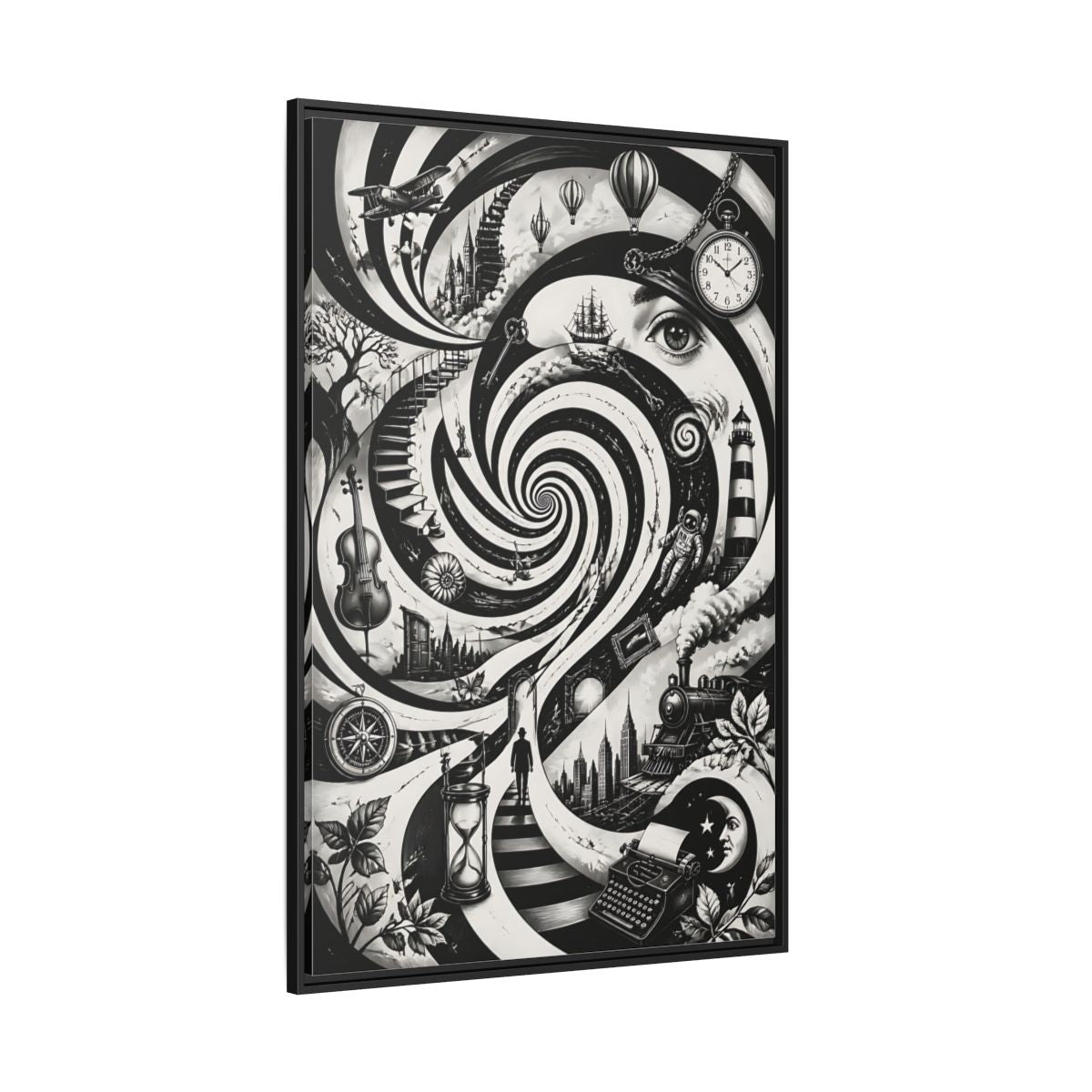 Side Mockup 12. Science Fiction Dream Journey Black And White Fantasy shown as stretched canvas wall art